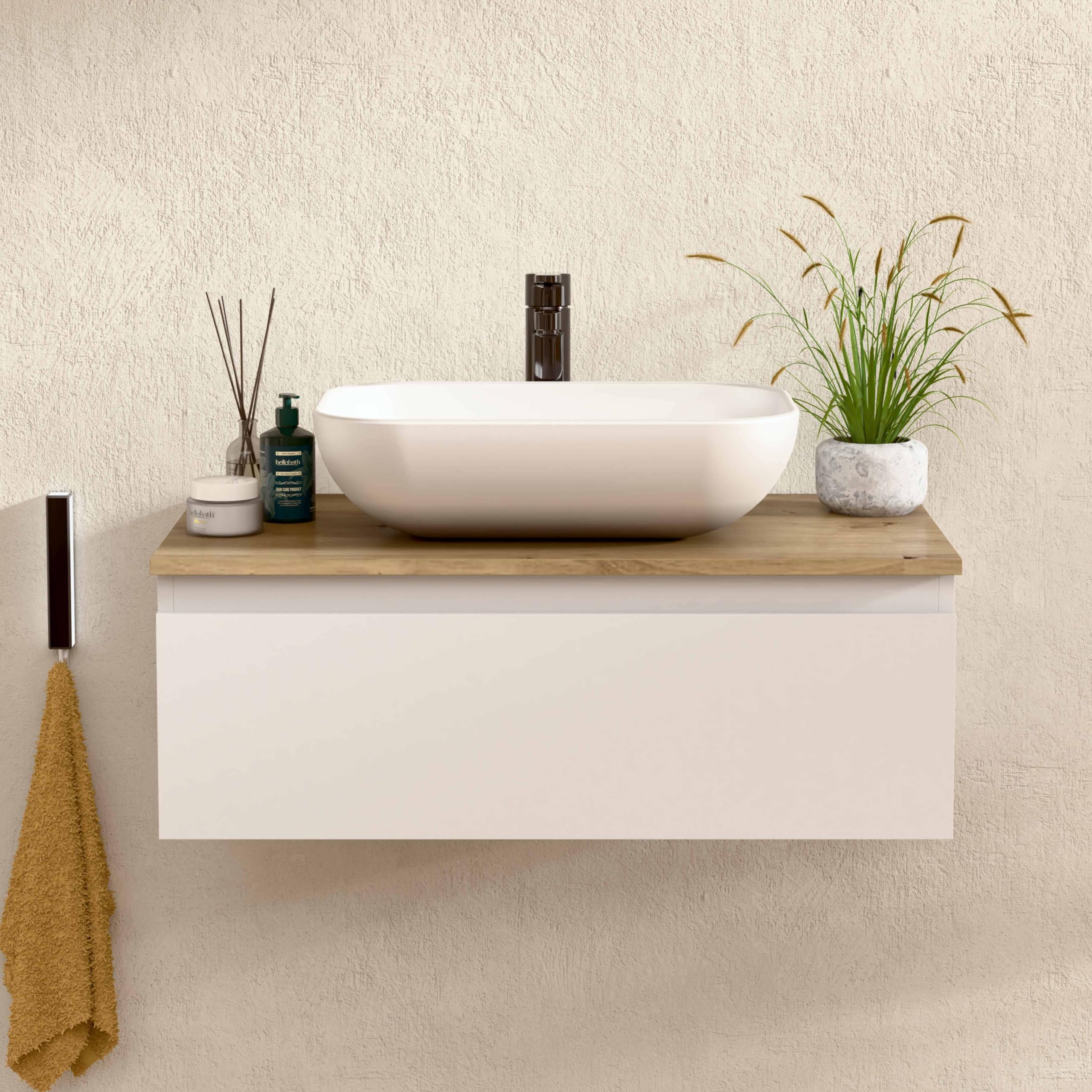 BELLOBATH - Mueble Baño Suspendido con Lavabo de Cerámica, Mueble Baño con Lavabo Montado con 1 Cajón, 60 x 27 x 46 cm, Mueble Blanco y Tapa Roble