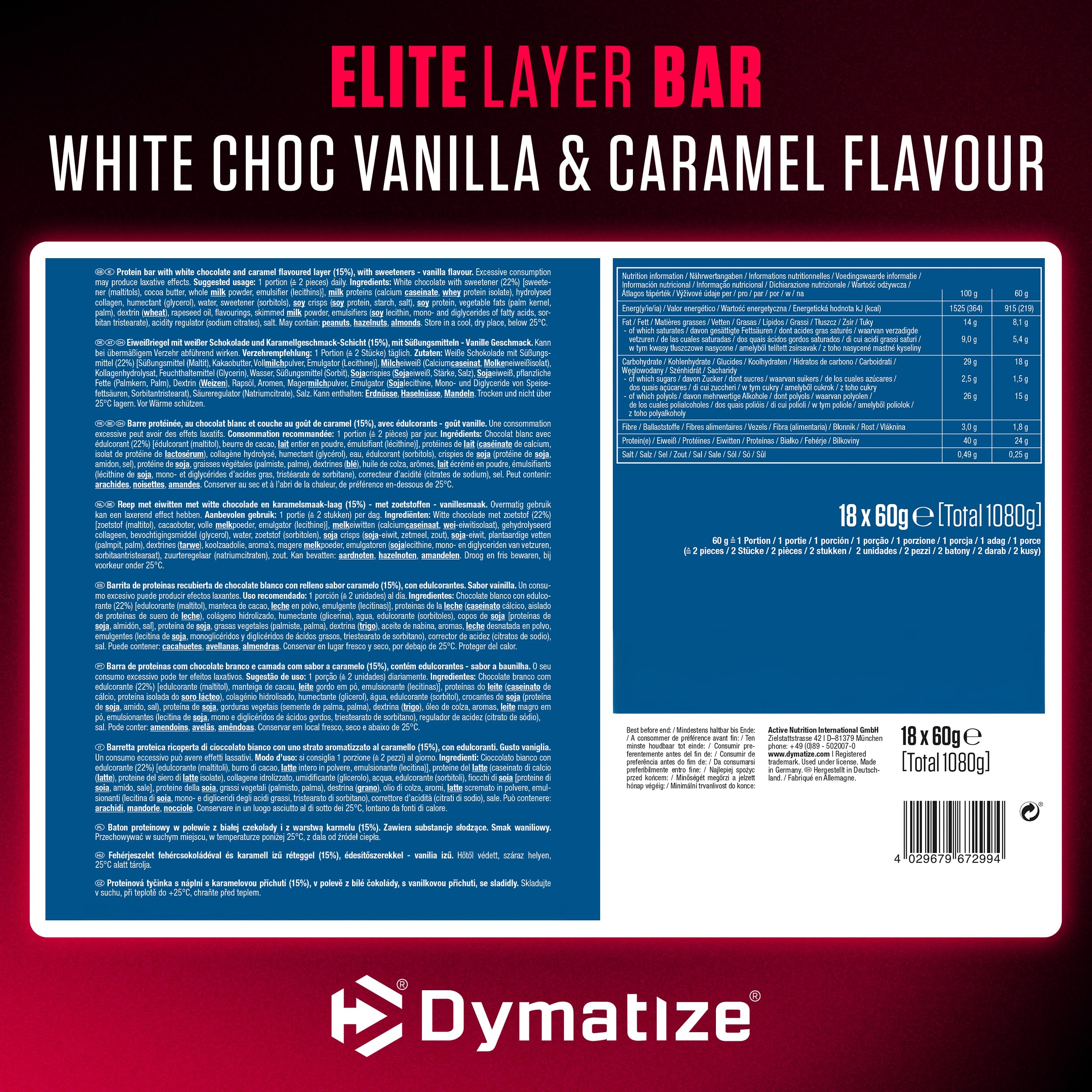 Dymatize Elite Layer Bar White Choc Vanilla & Caramel 18x(2x30g) - High Protein Low Sugar Riegel