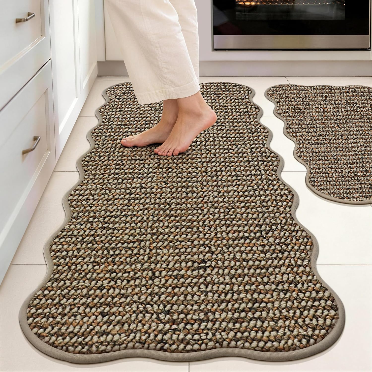 JSEI Scalloped Kitchen Rugs and Mats 2PCS, 17"x30"+17"x48", Taupe