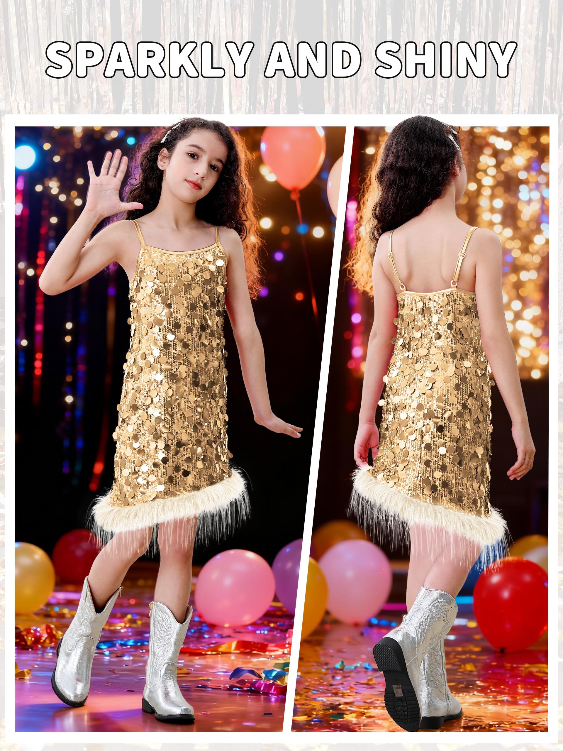 LOLANTA Robe Soirée à Paillettes Filles Ourlet Détachable en Poil Synthétique Tenue Fête sans Manches Vêtements Disco Robe Étincelante