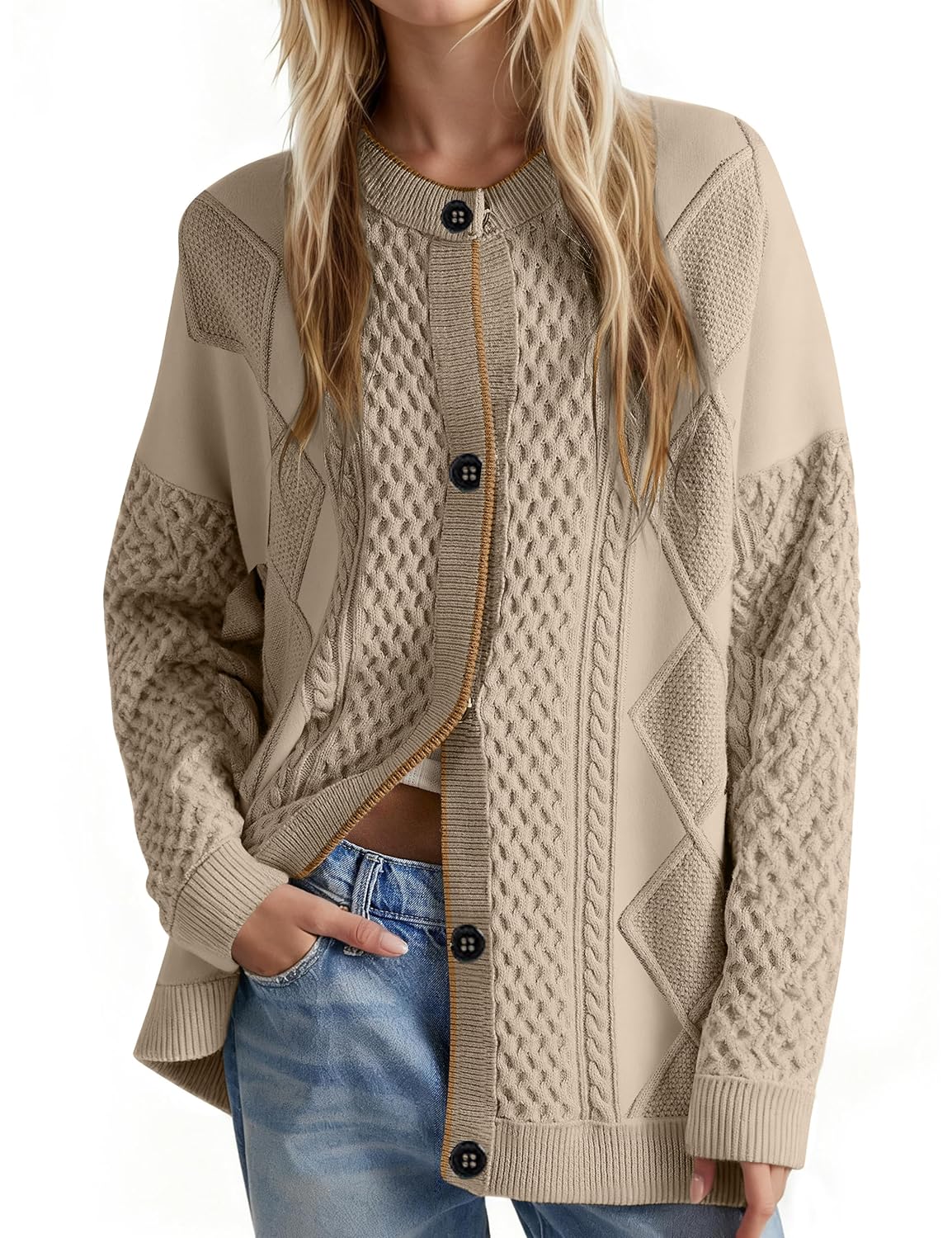 MISSACTIVER Womens Contrast Trim Cardigan Sweaters Button Down Cable Knit Chunky Jacket Casual Winter Outerwear Coats