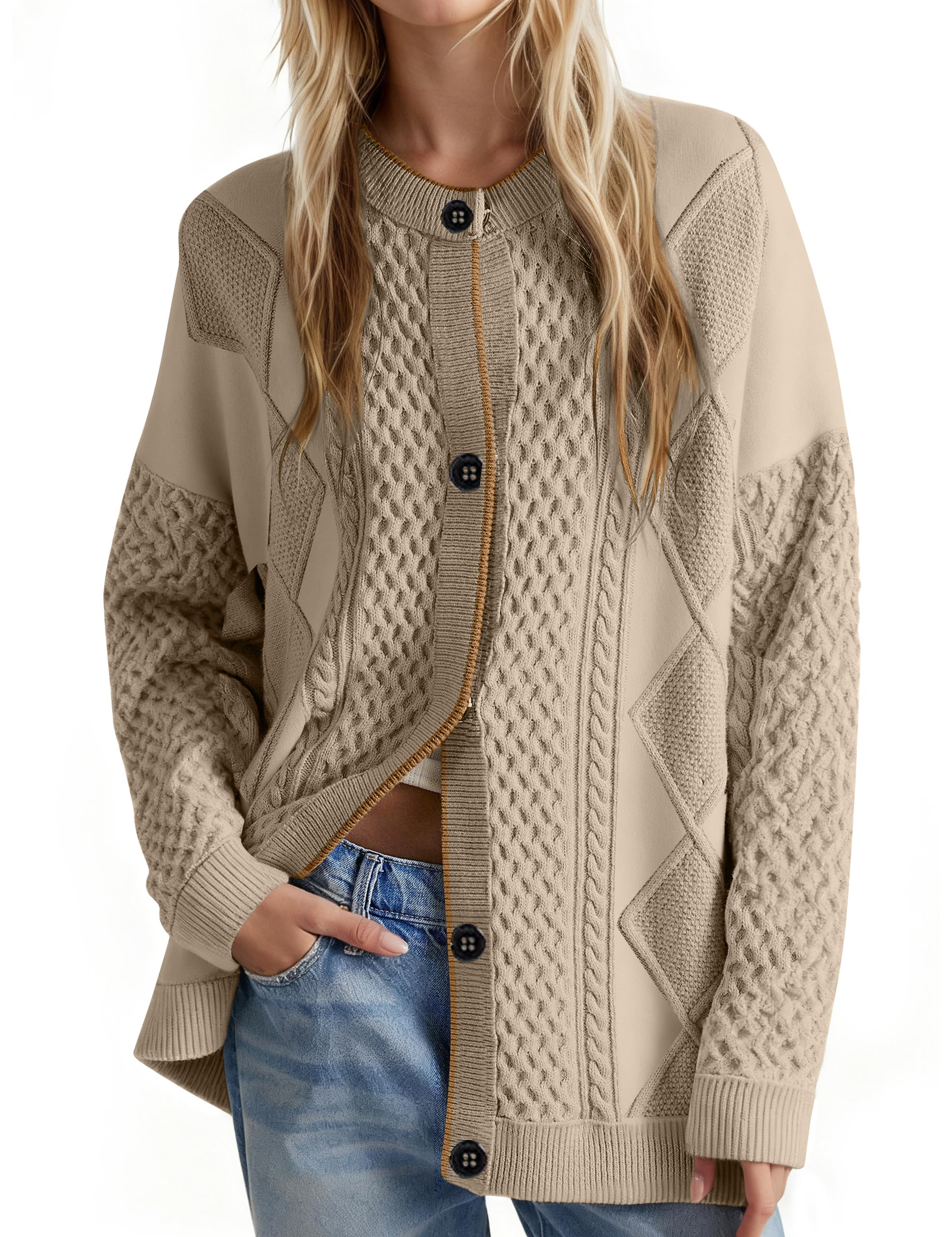 MISSACTIVER Womens Contrast Trim Cardigan Sweaters Button Down Cable Knit Chunky Jacket Casual Winter Outerwear Coats