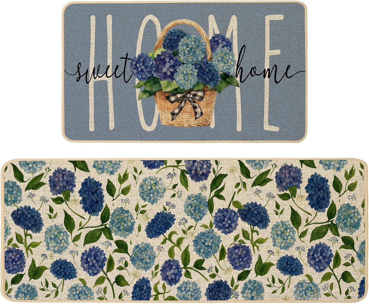 Baccessor Hydrangea Kitchen Rugs Set of 2, Home Sweet Home Floral Flowers Kitchen Mats for Spring Summer Floor Hallway Laundry Sink Low-Profile Home Decoration 17x29 and 17x47 Inch