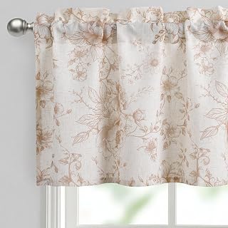 JIUZHEN Thick Textured Linen Floral Valance for Kitchen/Living Room/Bedroom Window, Rod Pocket French Farmhouse Light Filtering Valance Curtain, Taupe Peony Fragmented Flowers, 52 x 18 Inches, 1 Panel