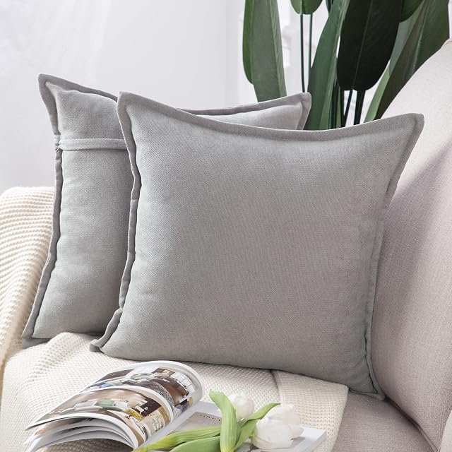 MADIZZ Set of 2 Short Chenille Throw Pillow Covers 18x18 Inch Light Grey Soft Decorative Cushion Cover for Sofa Bedroom Pillow Shell