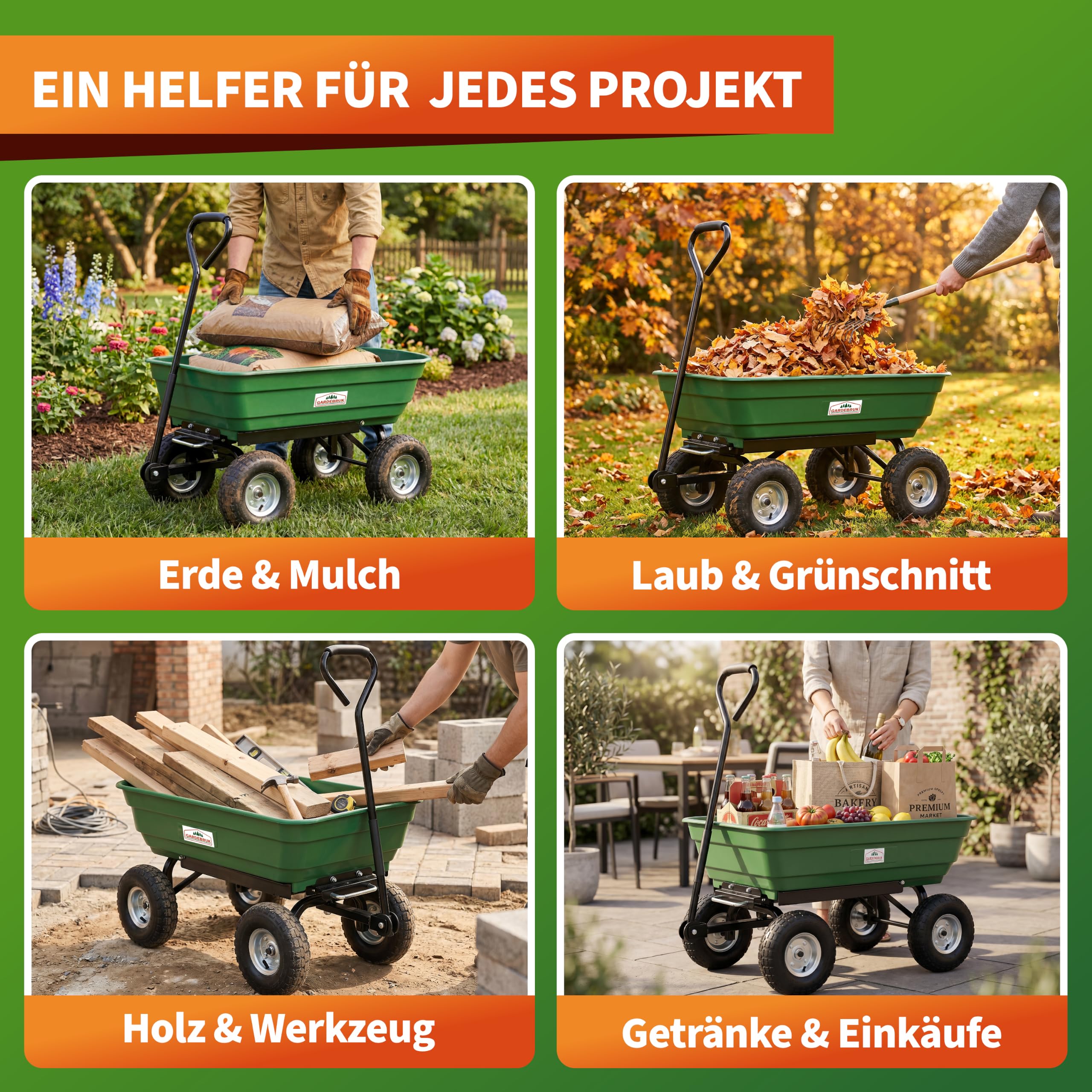 GARDEBRUK® Bollerwagen mit Kippfunktion 300kg Belastbar 4 Profil Gelände Räder Luftbereift Lenkachse 75L Groß Transportwagen Handwagen Gartenwagen