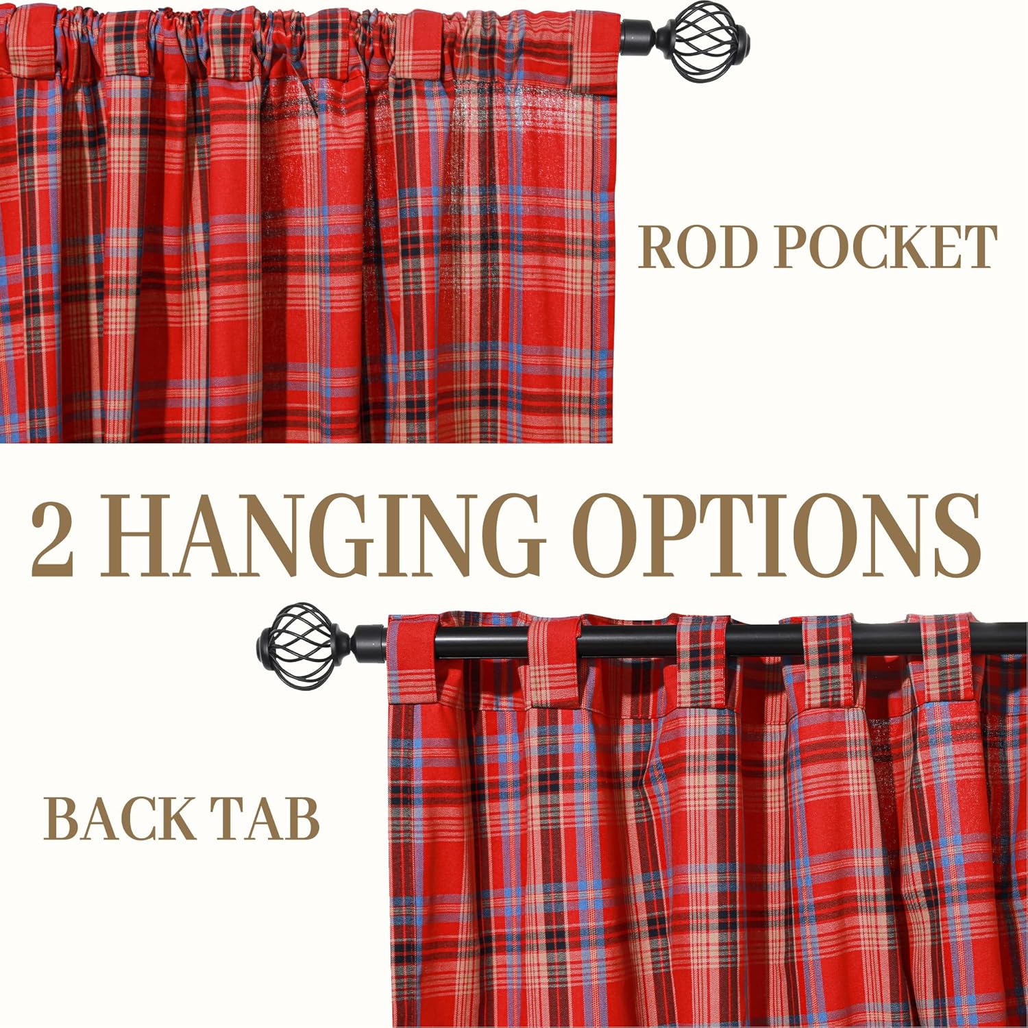 Red Check Plaid Curtains Scottish Tartan Striped Xmas Decorative Window Curtain Light Filtering Chic Back Tab Rod Pocket Drapes for Kitchen Living Room, 2 Panels, 52 x 84 Inch