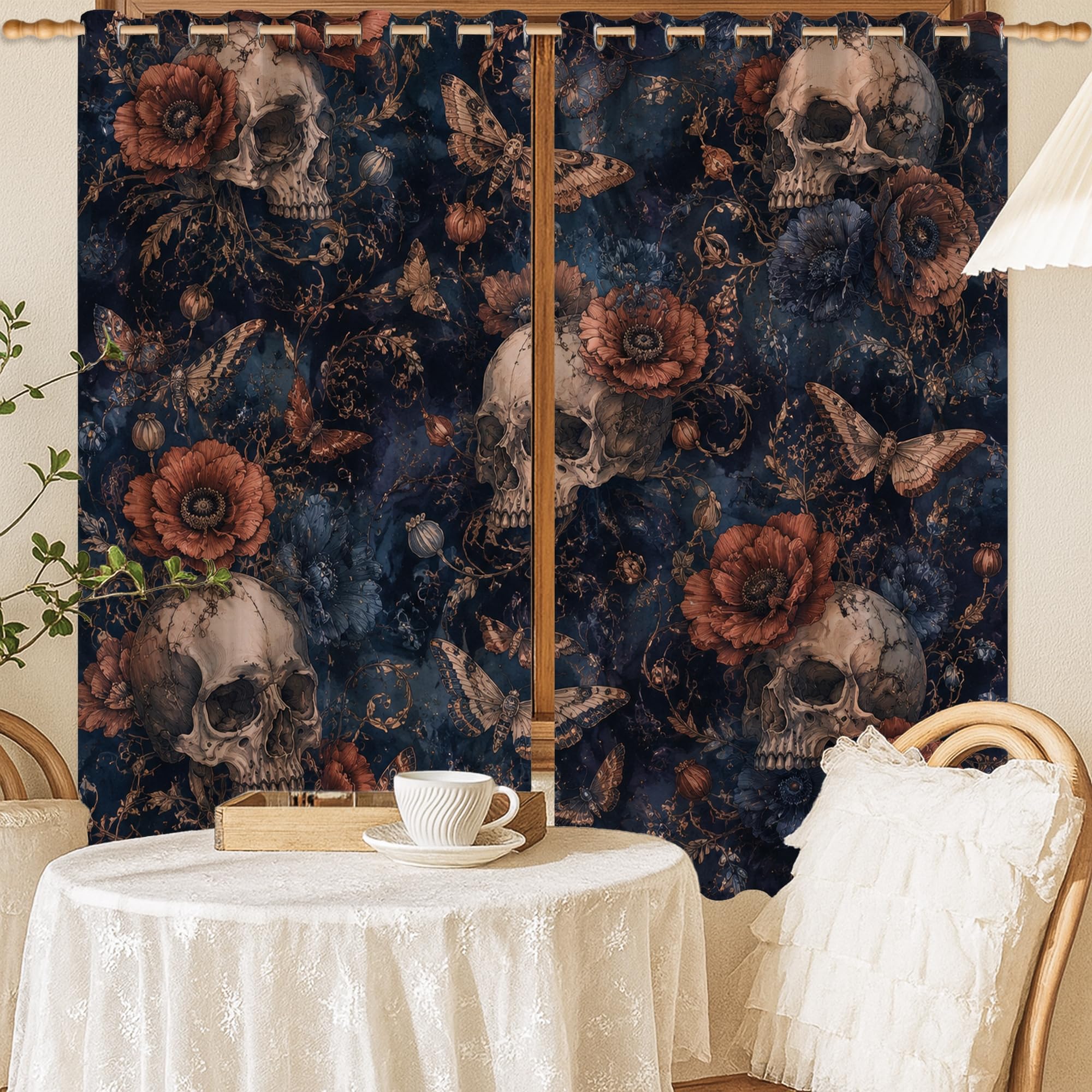 Rideaux occultants à motif tête de mort fleur gothique papillon bleu foncé
