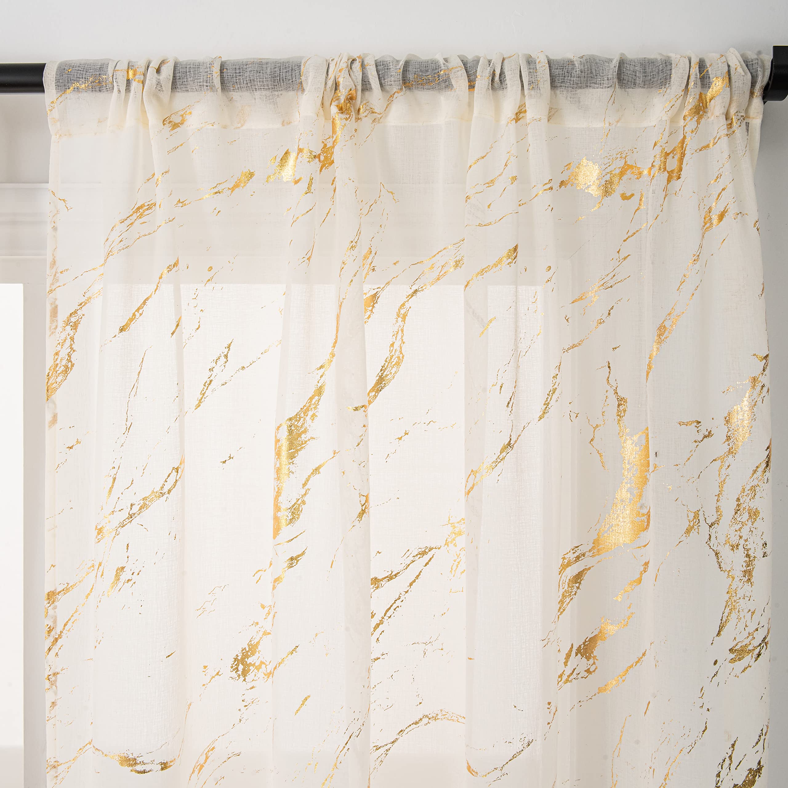 Lot de 2 Rideaux Transparents dorés de 243,8 cm de Long, Rideaux avec Passe-Tringle pour Chambre à Coucher, Salon, décoration de Noël, Traitement de fenêtre à imprimé marbre en Feuille d'or