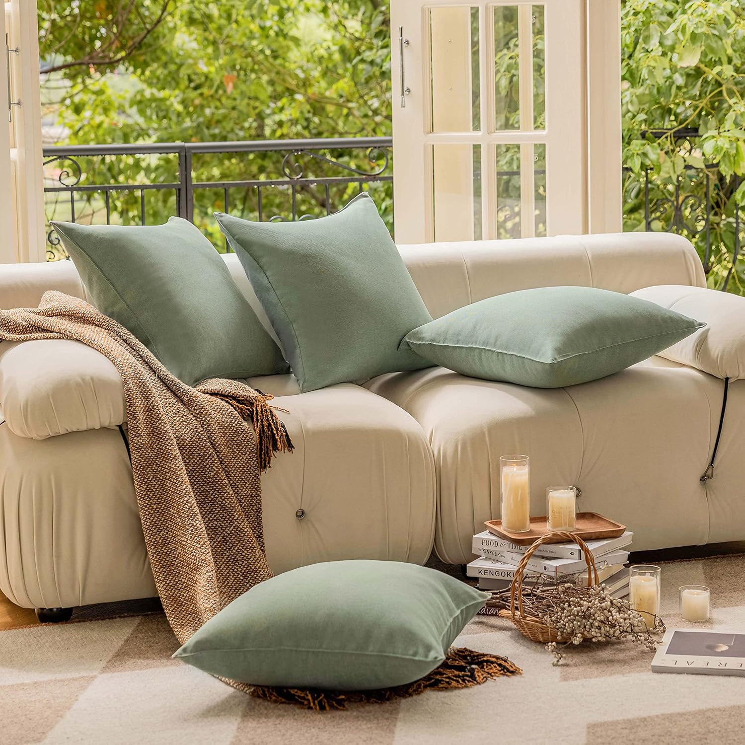 Demetex Outdoor Throw Pillow Covers 18x18 Set of 4 Waterproof Square Pillow Case Spring Decorative Throw Pillow Covers for Patio Furniture Couch Garden, 18 x 18 Inch, Sage Green