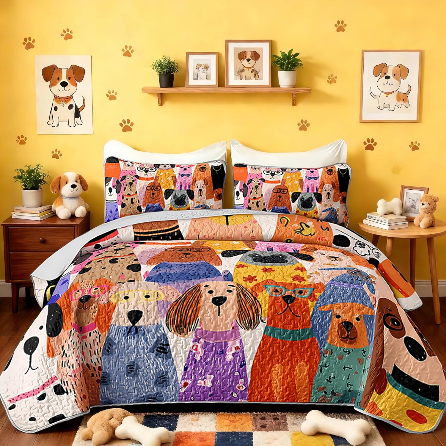 HOSIMA Dog Quilt King Size,Various Different Cute Dog Print Thin Quilt for Kids Boys Girls Room Decor,Animal Themed Cute Bedding Sets with 2 Pillowcases for All Seasons.
