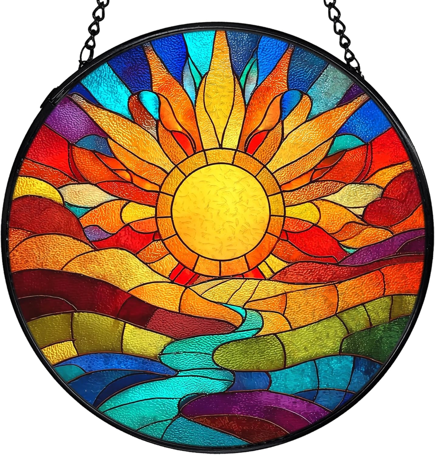 Sunshine Suncatcher Stained Glass Window Hanging, Nature Sunset Landscape Sun Catchers Indoor Window Glass Wall Art Decor, Sun Wall Hanging Decor Decorations, 7.9x7.9 Inch