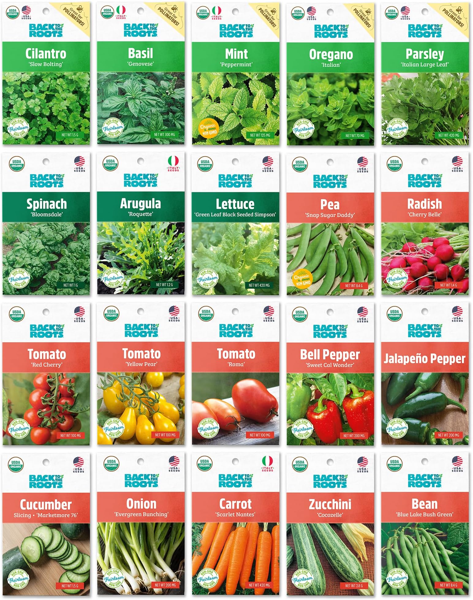 Back to the Roots Organic Seed Bundle - Herbs and Vegetables Variety Pack for Planting - Assorted Non-GMO Seed Mix for Beginner Indoor and Outdoor Gardening, (Pack of 20)