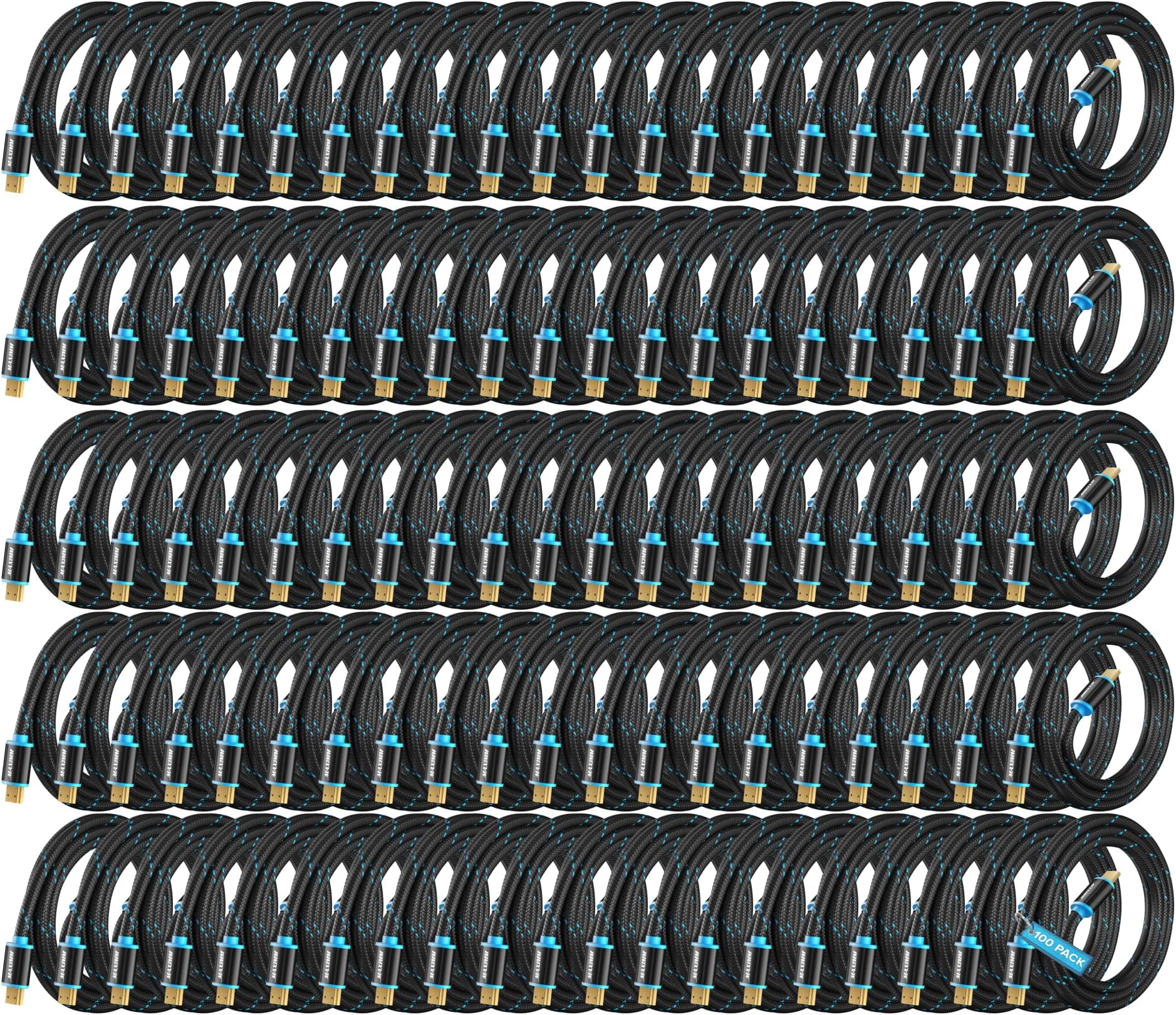 Maximm HDMI Cable 4K Ultra HD 15 Foot (100 Pack) Nylon Braided HDMI 2.0 Cable, High Speed 18Gbps 4K60Hz HDR, 3D, 2160p, 1080p, HDCP 2.2, ARC, HDMI Cables for Monitors, HDTV