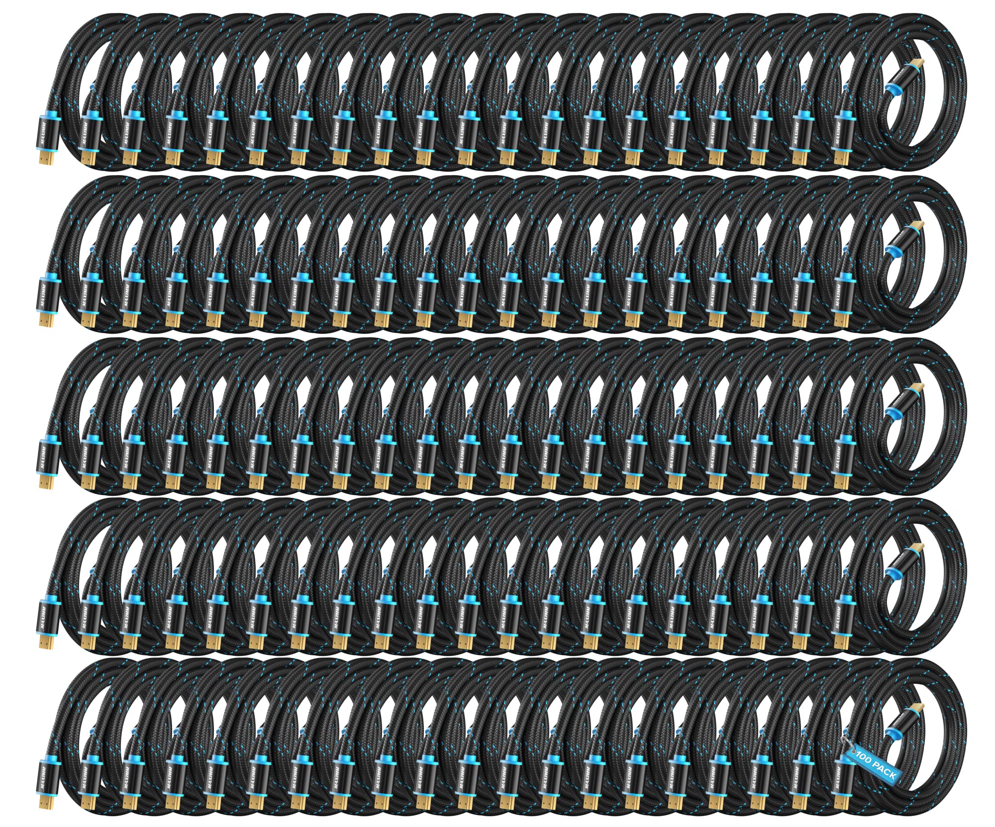 Maximm HDMI Cable 4K Ultra HD 15 Foot (100 Pack) Nylon Braided HDMI 2.0 Cable, High Speed 18Gbps 4K60Hz HDR, 3D, 2160p, 1080p, HDCP 2.2, ARC, HDMI Cables for Monitors, HDTV