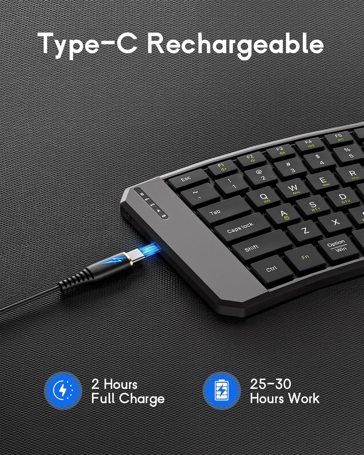 MoKo Ergonomic Foldable Bluetooth Keyboard connected to multiple devices via Bluetooth and 2.4G.
