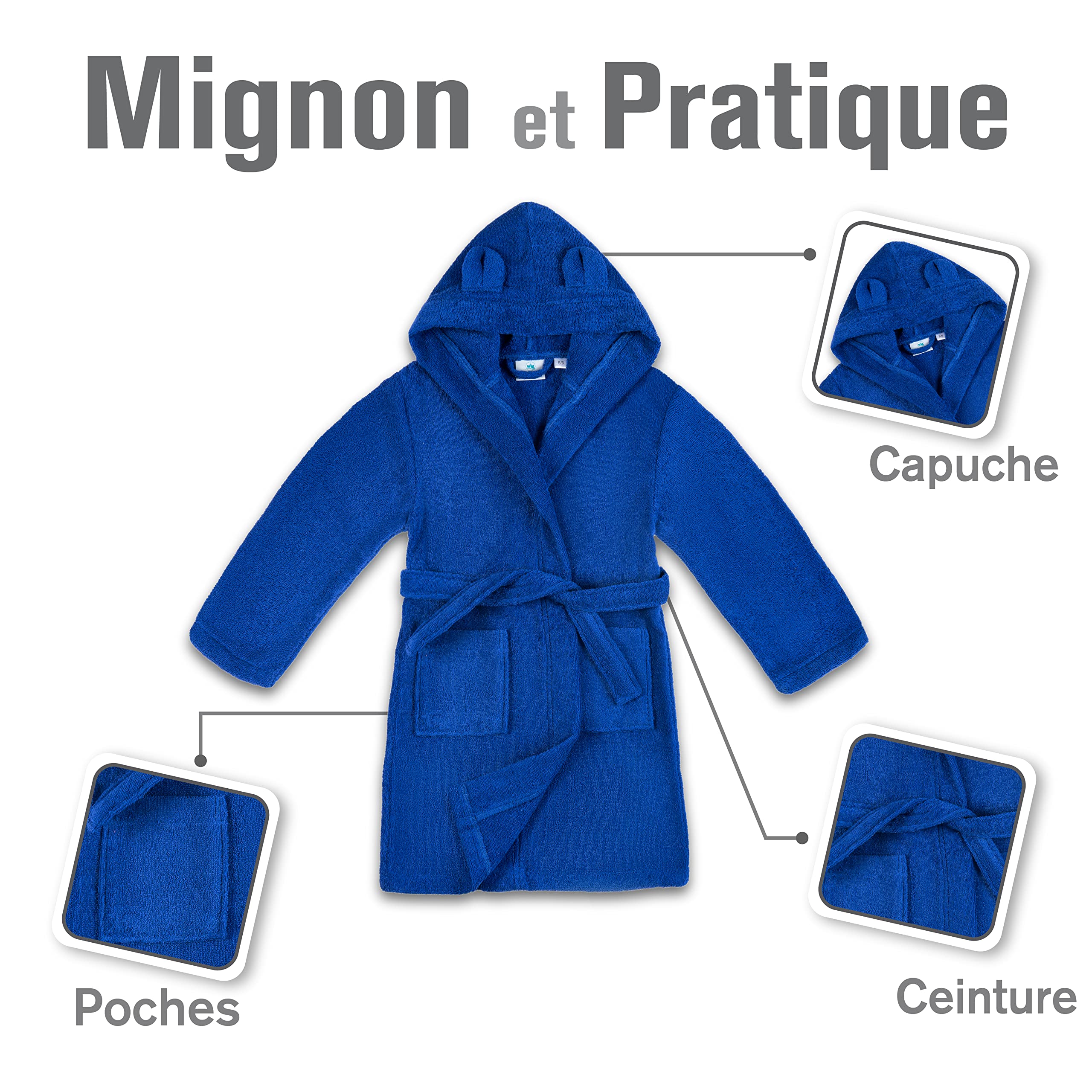 Twinzen - Peignoir Enfant Coton pour Fille et Garçon - 100% Coton OEKO-TEX® Sans Produits Chimiques- 2 Poches, Ceinture, Capuche avec Oreilles