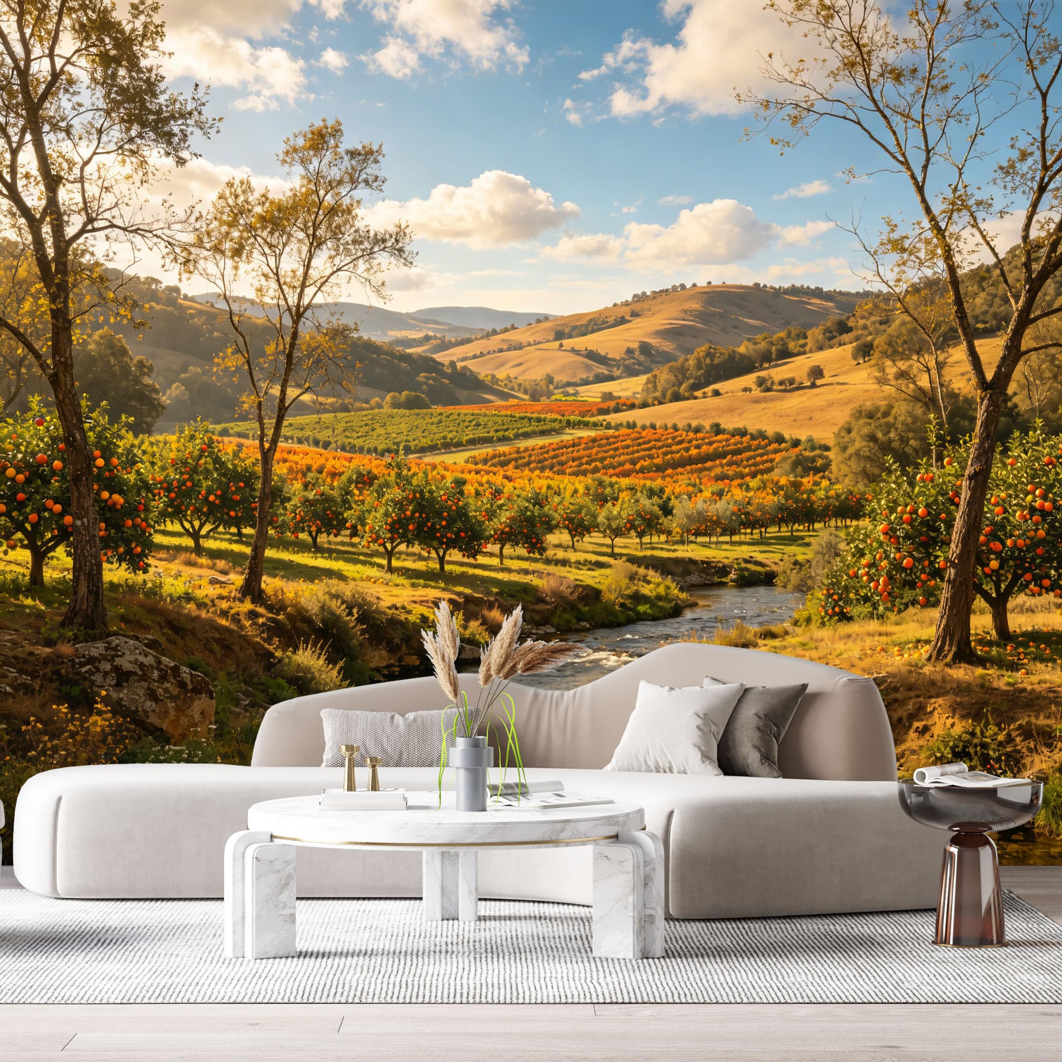 Custom Size Wall Murals Orange Orchard River Landscape Farmhouse Oil Painting Sunny Hills Nature View SelfAdhesive Wall Fabric Removable Large Wallpaper for Photo Living Room