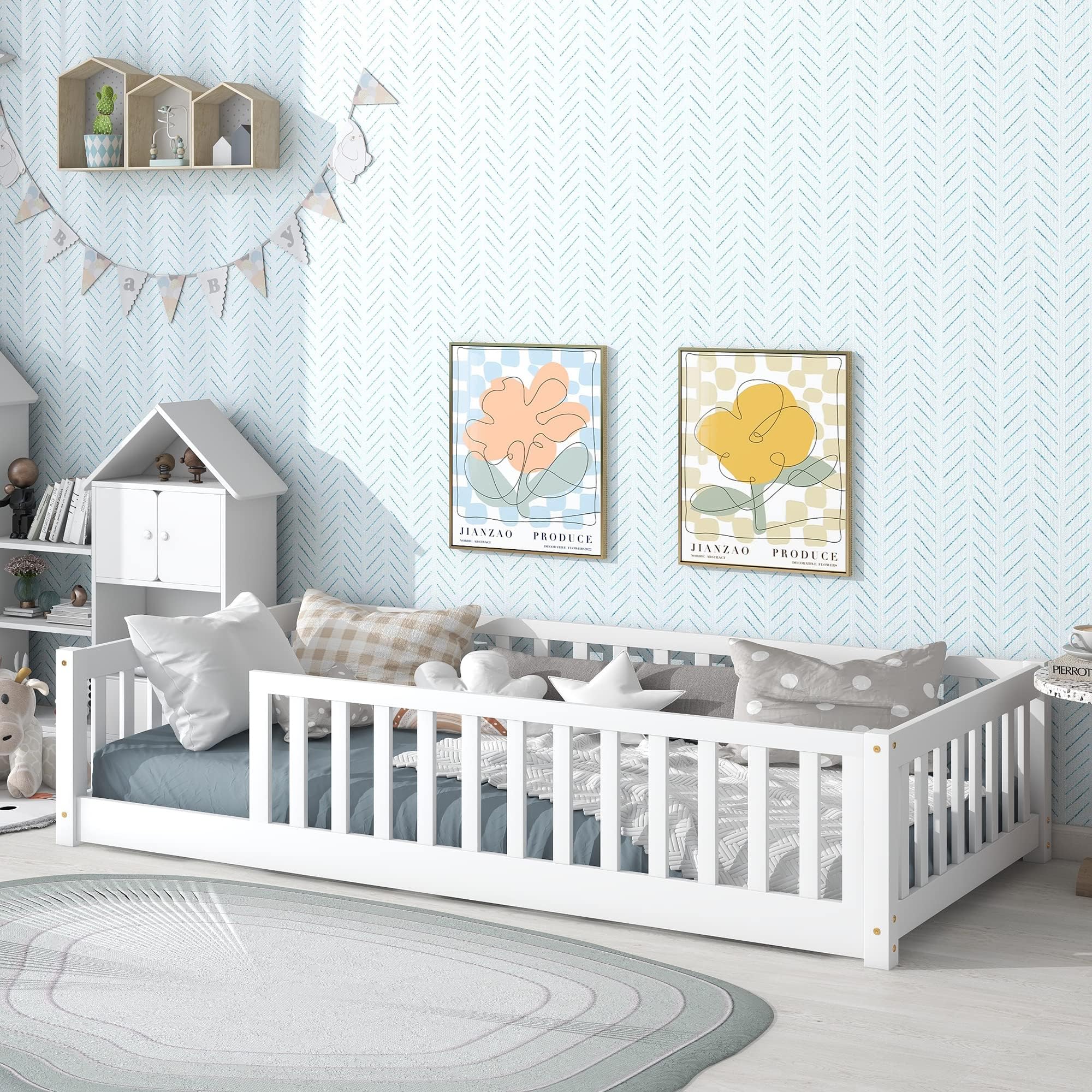 PVWIIK Twin Size Montessori Floor Bed with Wood Slats for Kids Bedroom,Wood Montessori Bed Frame with Safety Guardrails for Girls & Boys,Space Saving Design,White