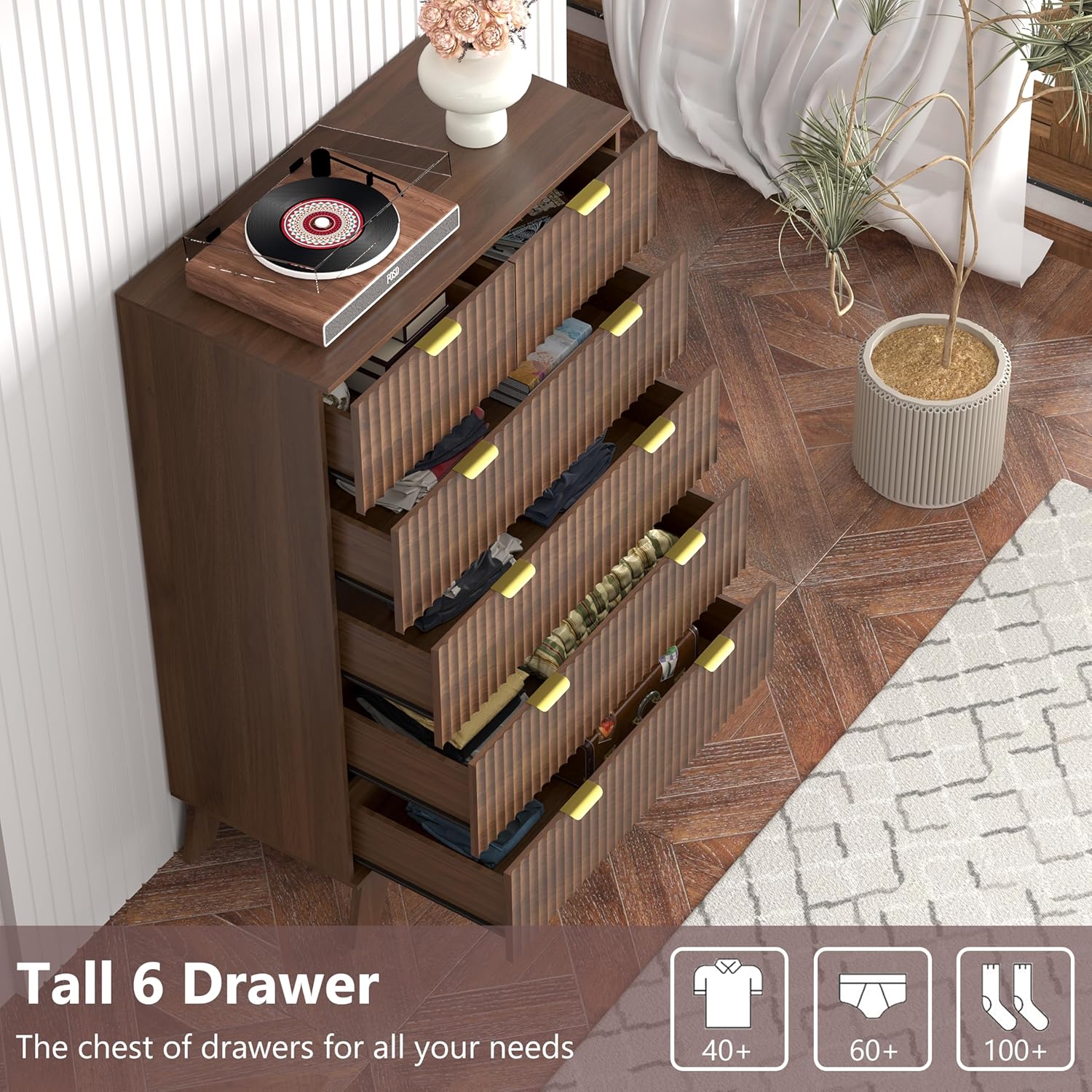 Tall 6 Drawer Dresser for Bedroom, 46" H Fluted Wooden Dresser Storage Cabinet and Chest of Drawers with Metal Handle, Storage Organizer for Living Room, Hallway, Entryway, Walnut