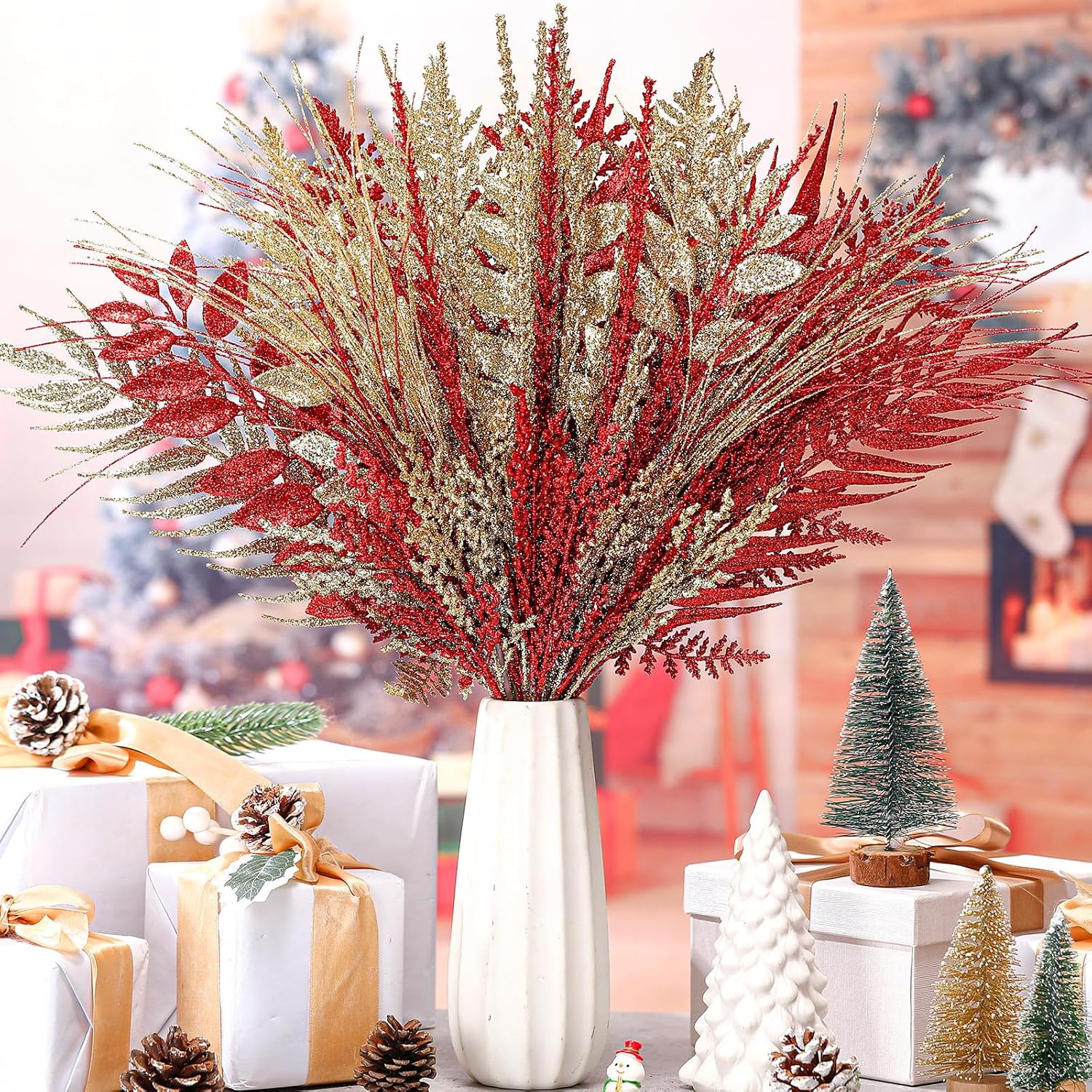 50 Pcs Red and Gold Christmas Tree Picks and Sprays Xmas Tree Topper Glitter Pine Twigs Faux Glittery Branch Stems for Christmas Vase Wreath Decoration DIY Craft Supplies