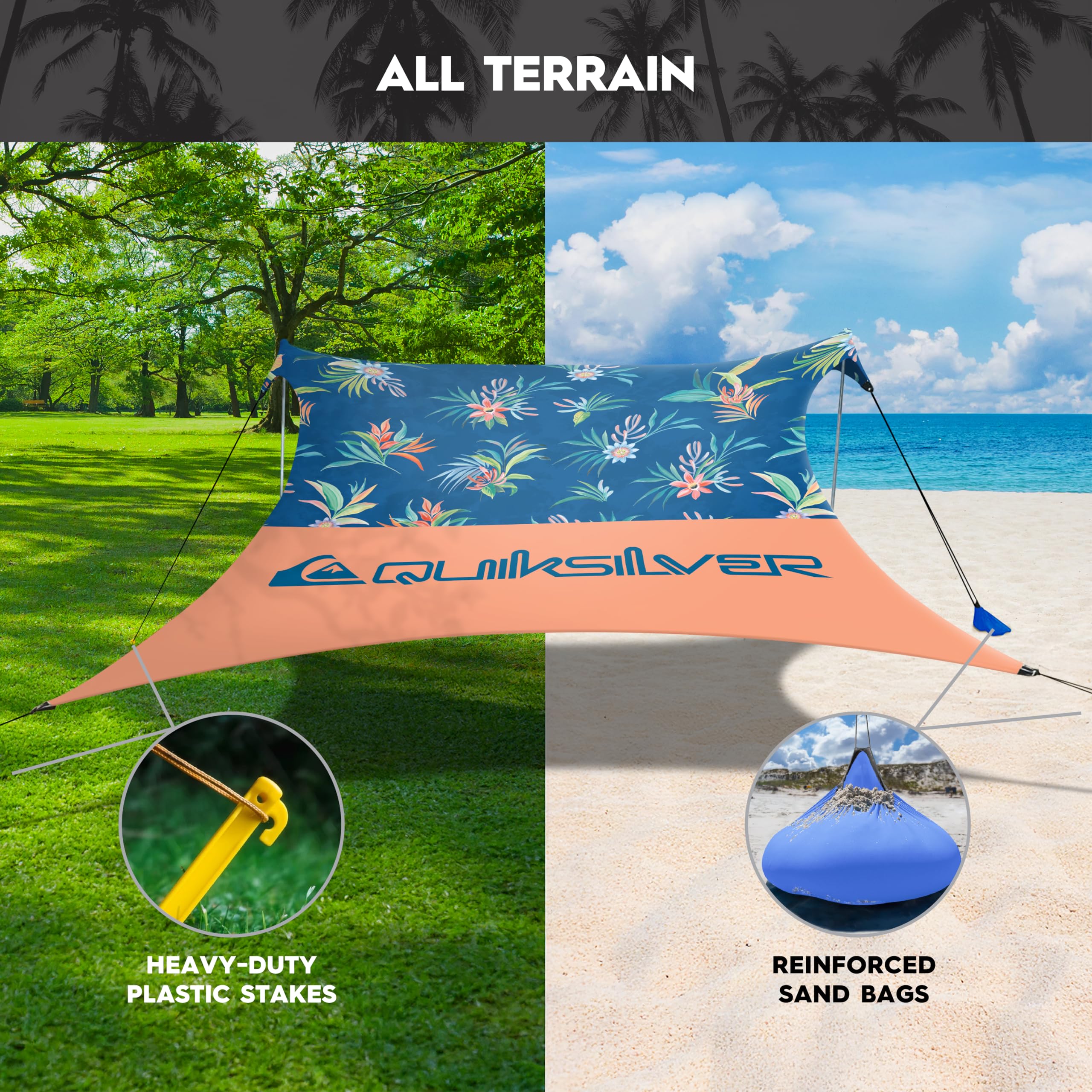 QUIKSILVER Refugio de Playa portátil – Tienda de campaña de protección Solar UPF 50+ con Anclajes de Saco de Arena y ventilación, Ligero e Impermeable para Playa, Campamento o Uso al Aire Libre – Se