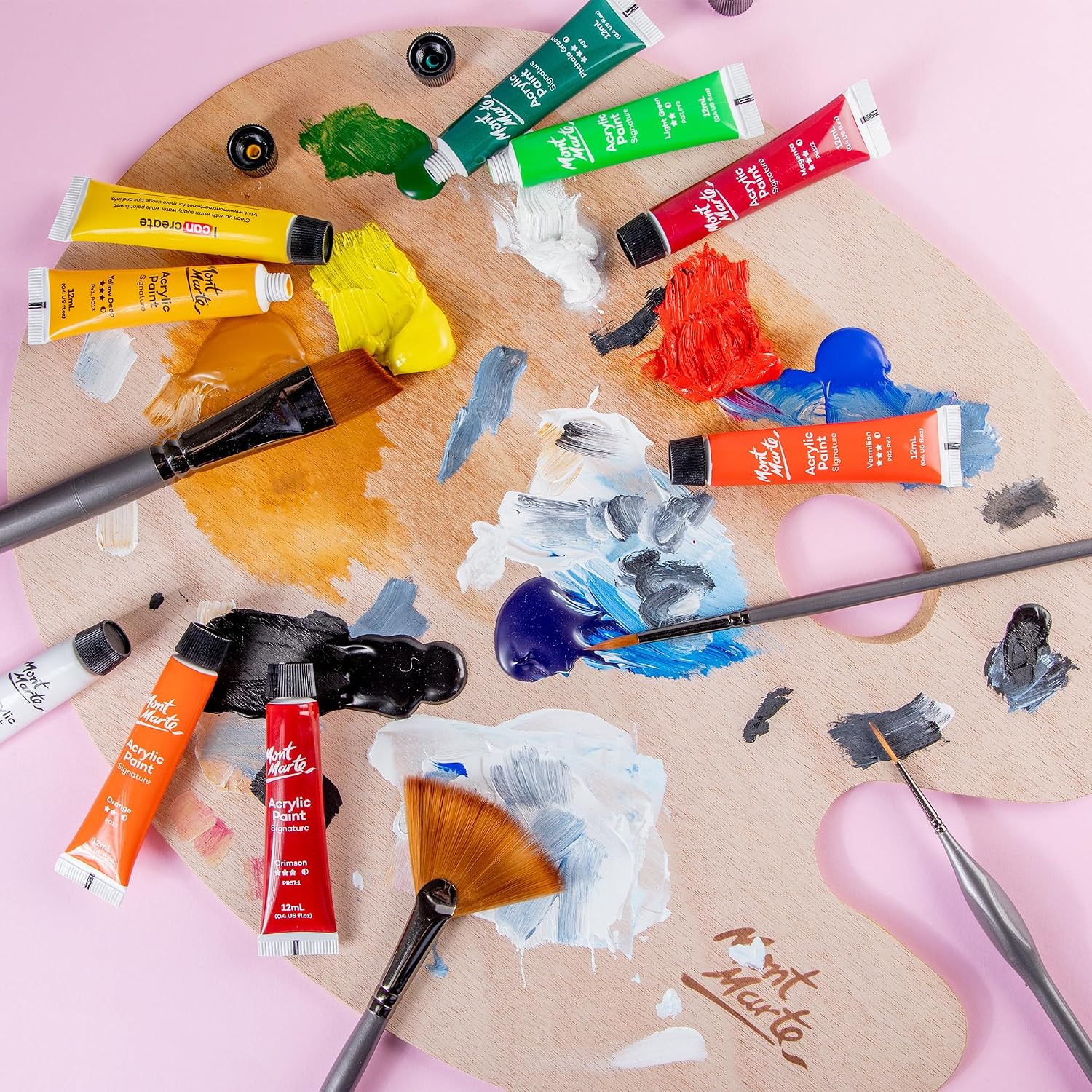 Mont Marte Acrylic Paint Set 24 Colours 12ml, Perfect for Canvas, Wood, Fabric, Leather, Cardboard, Paper, MDF and Crafts (24 Bright Colours 12 ML, 1 PACK)