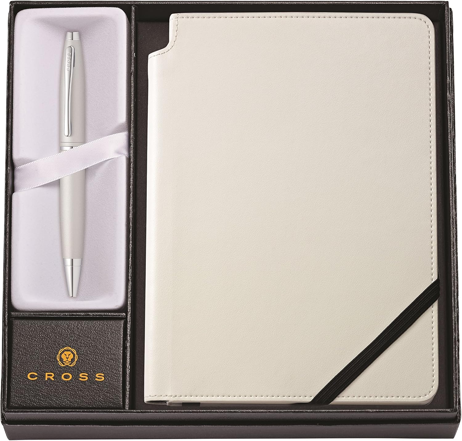 Cross Calais Satin Chrome Refillable Ballpoint Pen and Medium Lined Journal Gift Set, Includes Premium Gift Box - Classic White