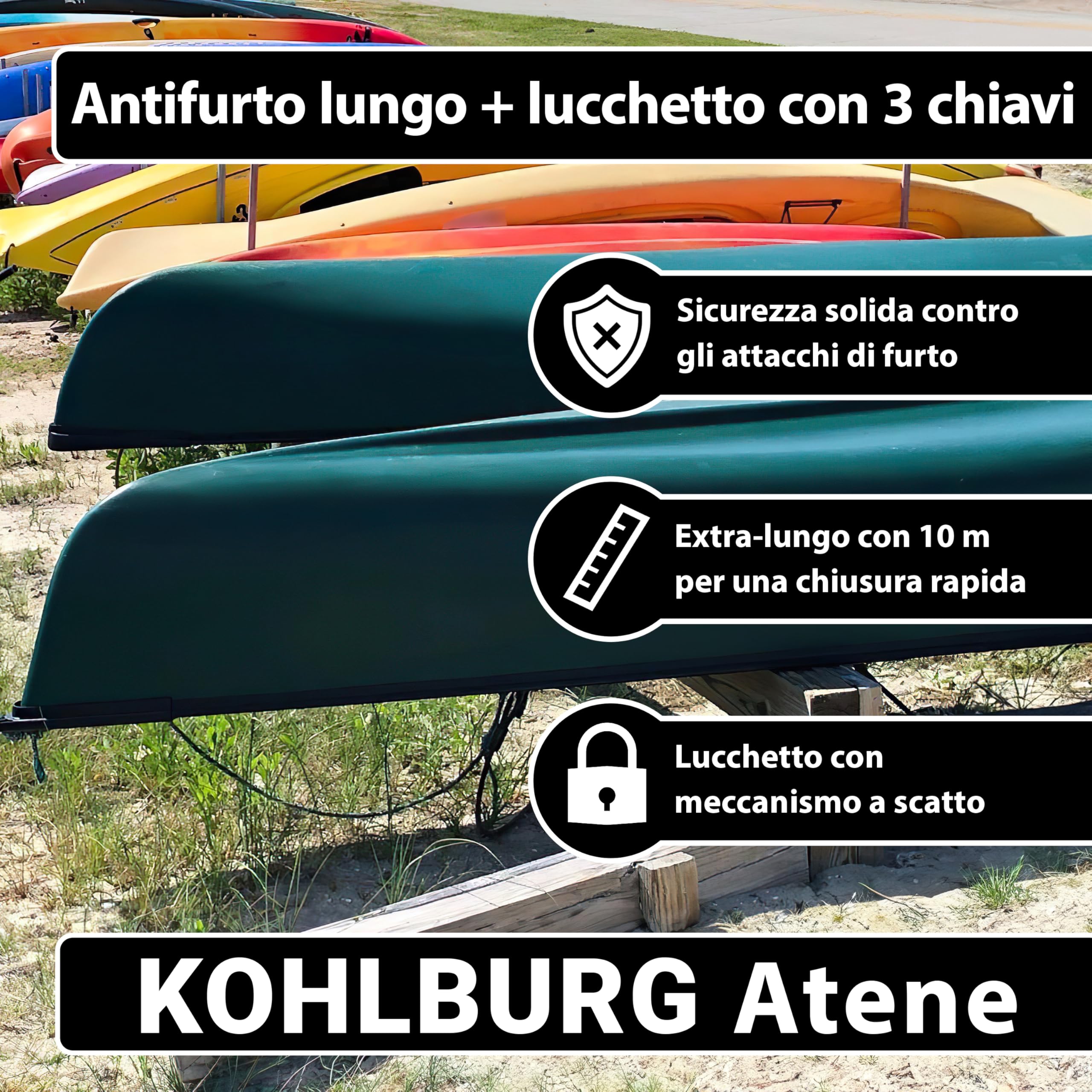 KOHLBURG cavo antifurto da 10 metri – lucchetto per bicicletta con 3 chiavi – chiusura a pressione – cavo in acciaio da 10 m come antifurto per bici, rimorchi, passeggini e mobili da giardino
