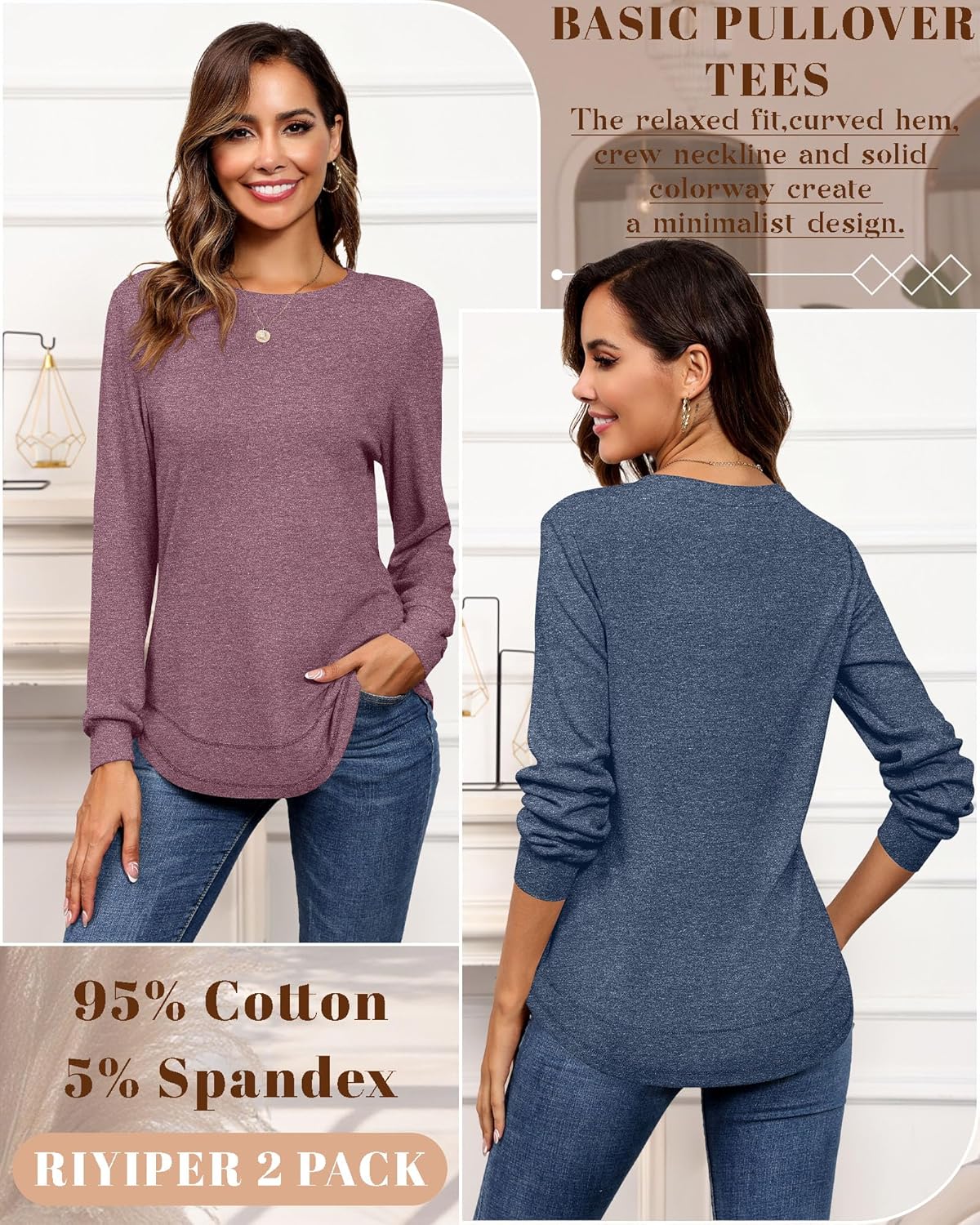 Riyiper 2 Pack Women's Crew Neck Sweatshirts, Cotton Long Sleeve Casual Shirts Loose Fit Tunic Tops Plain Basic Pullover Tees - Image 4