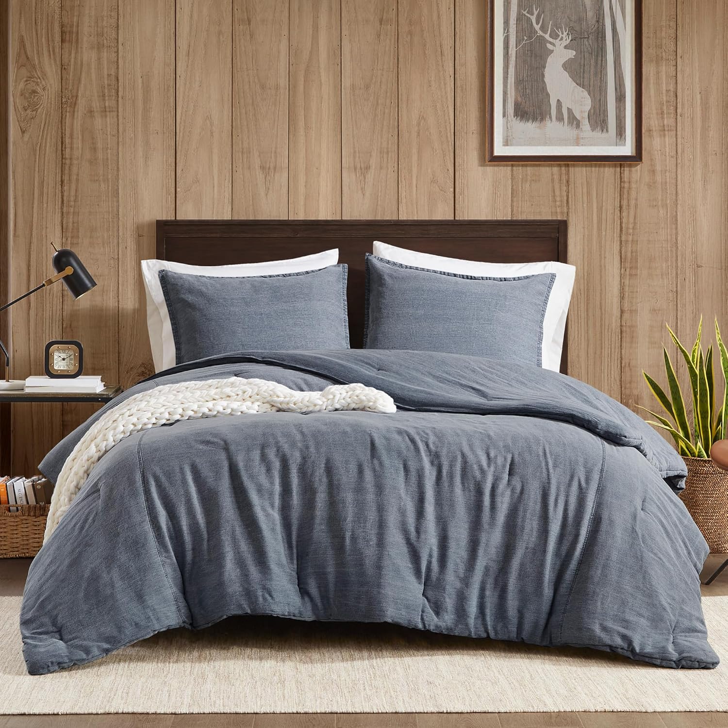 Woolrich Queen Comforter Set Cotton Stone Washed, Oversized Comforters Queen Size Bed, All Season Down Alternative Overfilled Queen Size Comforter, McKenzie, Full/Queen Blue 3 Piece