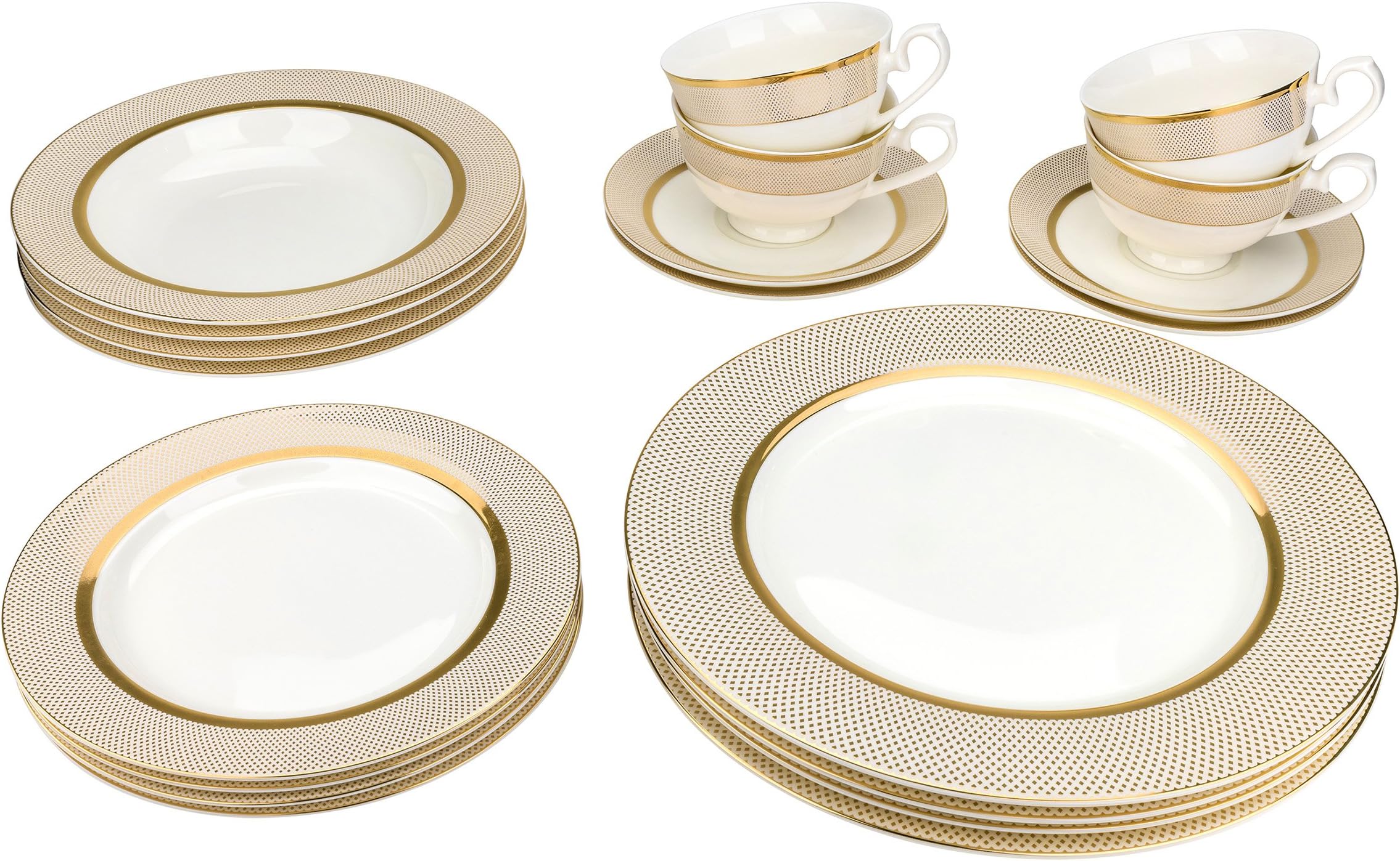 6281, Gold-Plated Dinnerware Set, Dinner Service for Four, 20-Piece Set: 4 Dinner Plates, 4 Soup Plates, 4 Dessert Plates, 4 Tea Cups with 4 Saucers