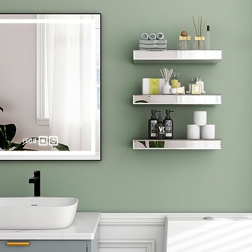 Miniatura 4 de SHYFOY Estantes flotantes con espejo para pared, juego de 3 estantes de cristal para decoración de baño, estante colgante para dormitorio, sala de