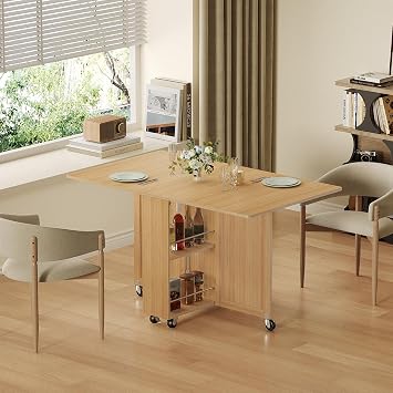 Folding Dining Table, Space Saving Kitchen Table with 6 Wheels(Oak)