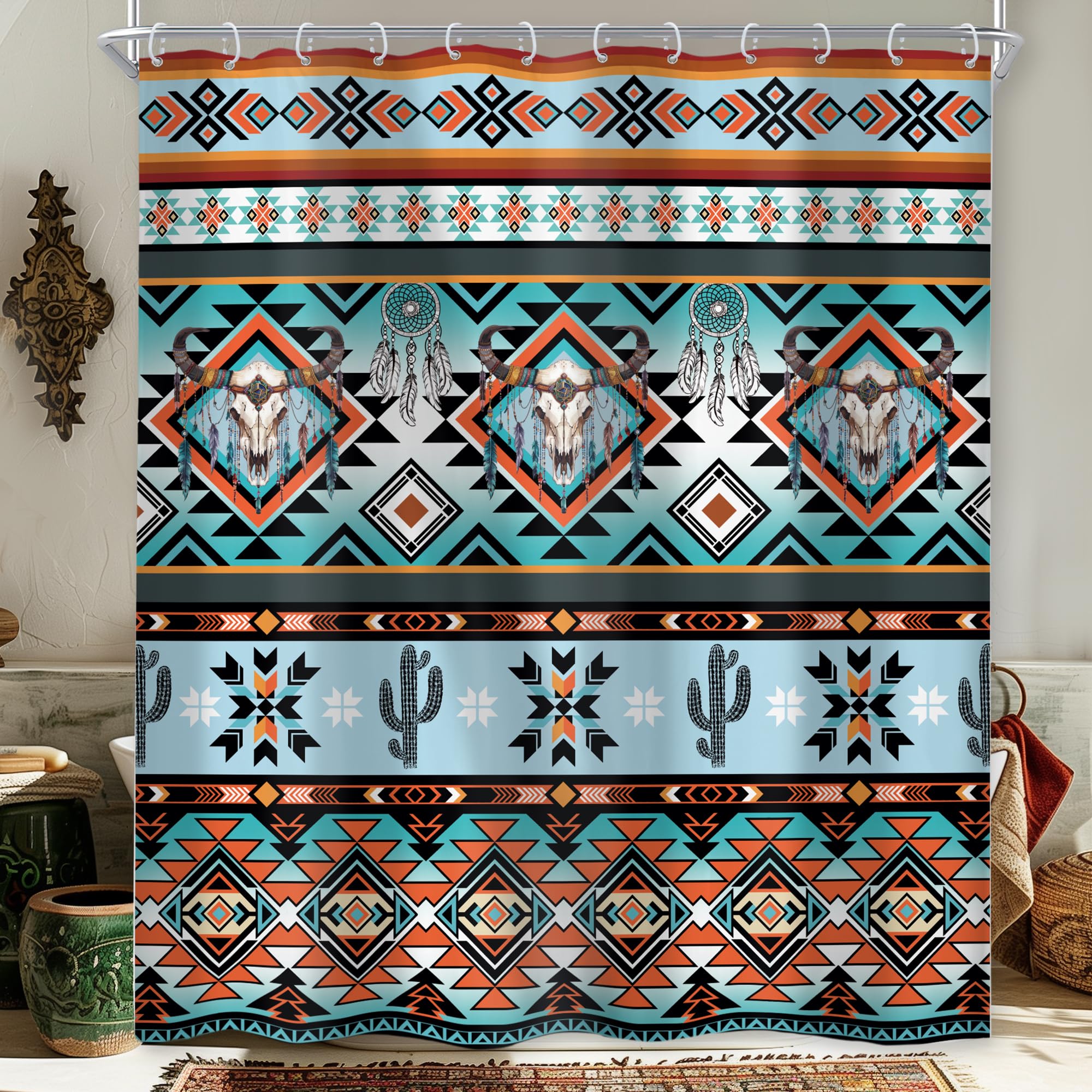 Newsely Western Aztec Shower Curtain 60" W x 72" L Inch Boho Abstract Geometric Vintage Tribal Cow Man Shower Curtain Bathroom Set Ethnic Native