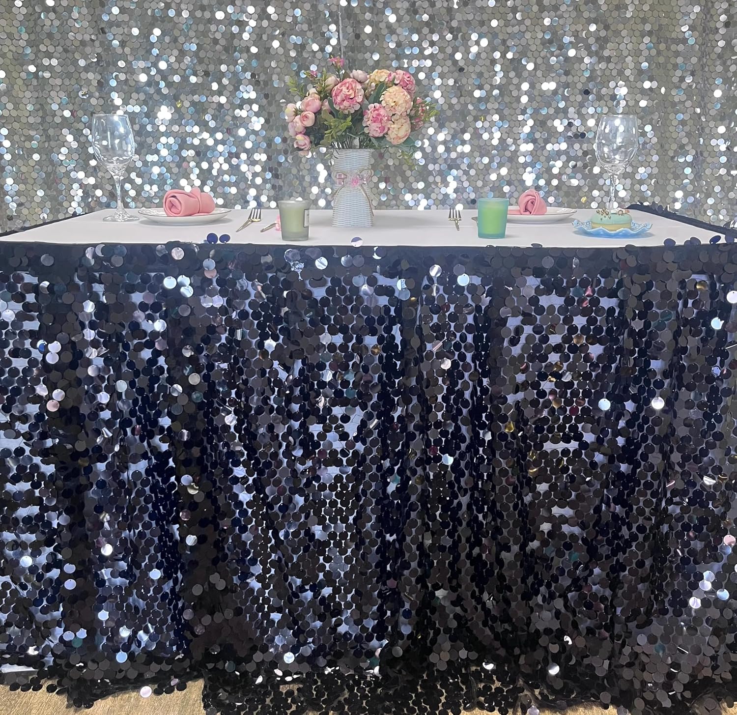 Black Table Skrits Large Sequin Desk Skirt Black Tablecloth for 9 Ft Rectangle Halloween Table Skirt Decor