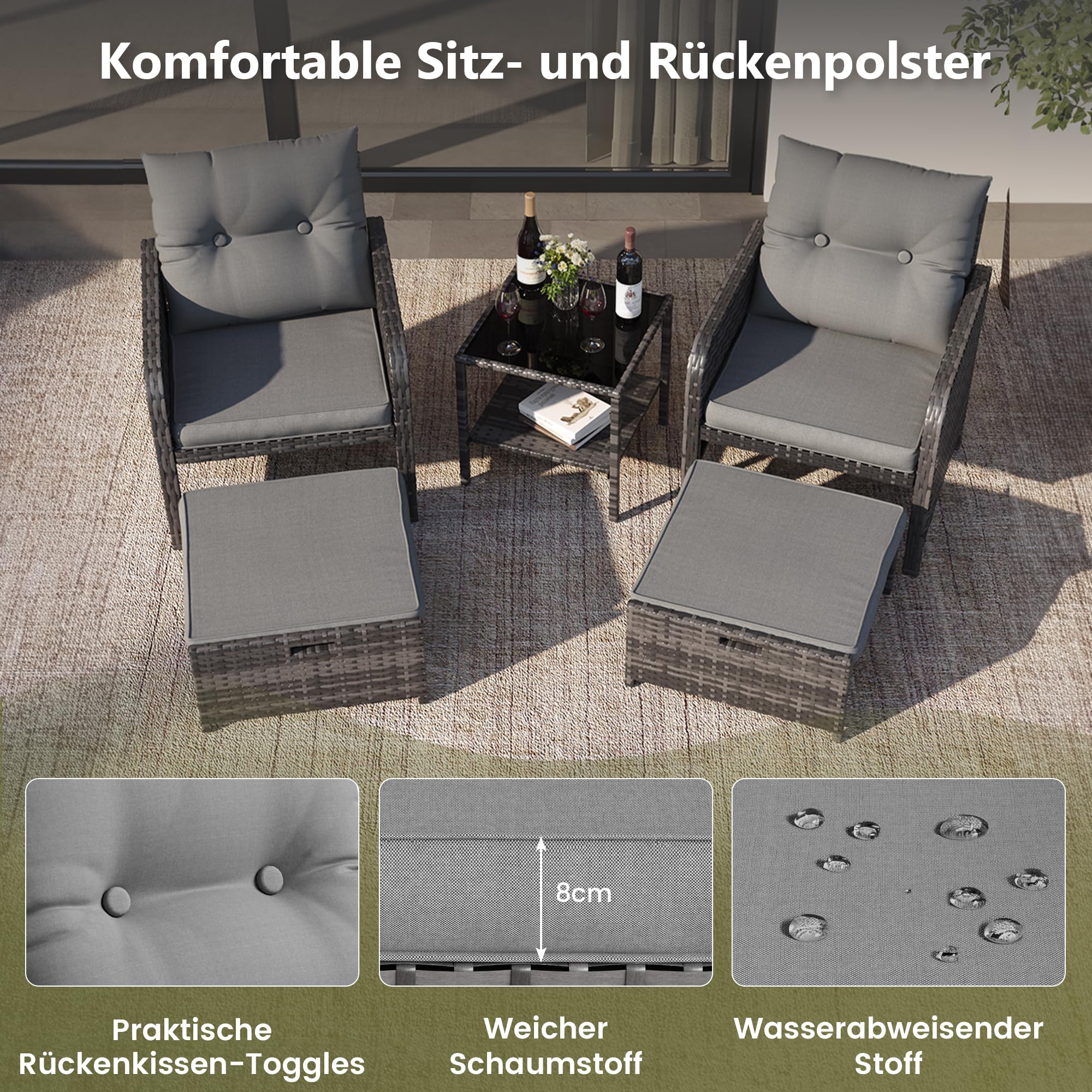 Amopatio 5-teiliges Polyrattan Gartenmöbel Set, Rattan Lounge Set mit 2 Hockern und Glastisch, Wetterfestes Garten Sofa Set mit Sitzkissen für Garten, Terrasse, Balkon, Grau