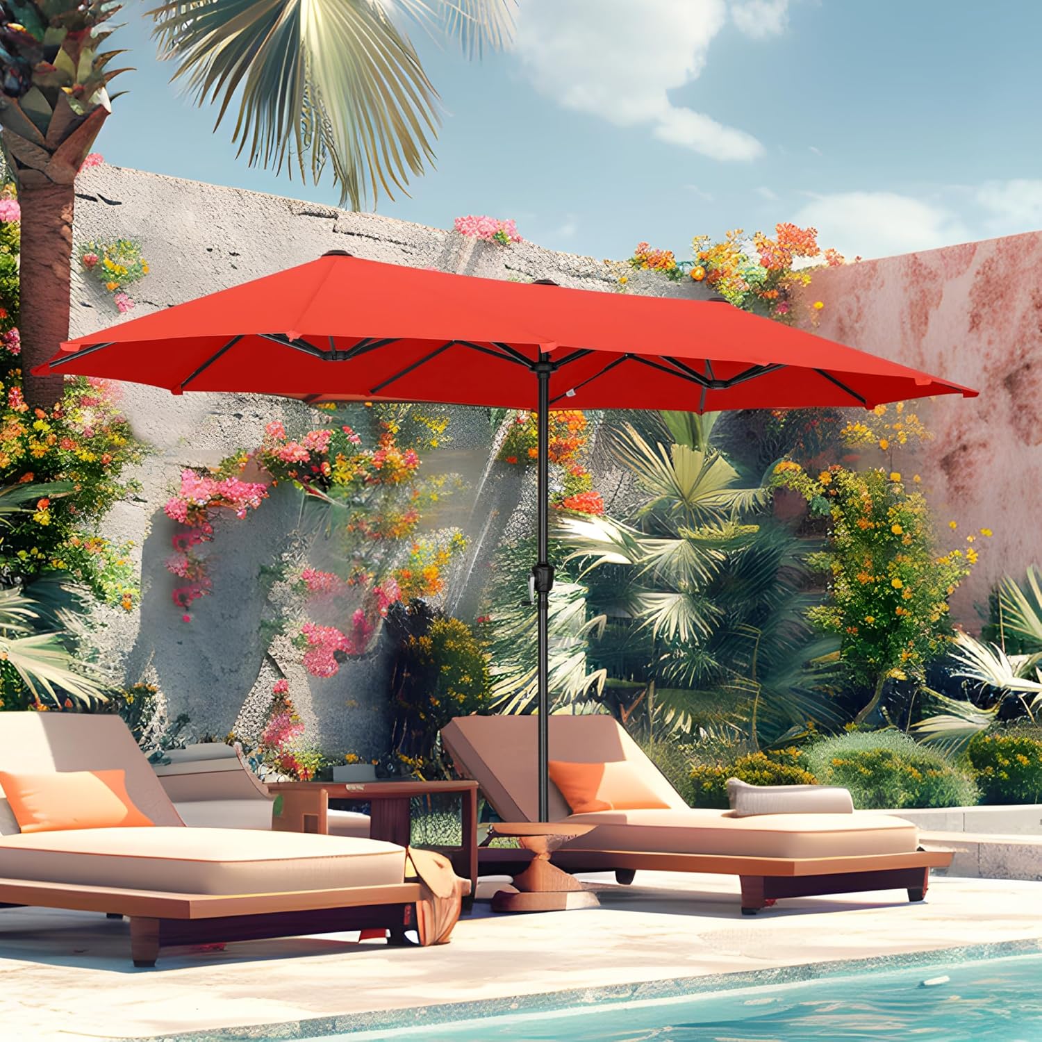 MFSTUDIO 13ft Outdoor Patio Umbrella, Double Sided Large Rectangular Umbrella Market Table Twin Triple Rectangle Umbrellas with Crank Handle for Outside Picnic Backyard Deck Pool (no base)