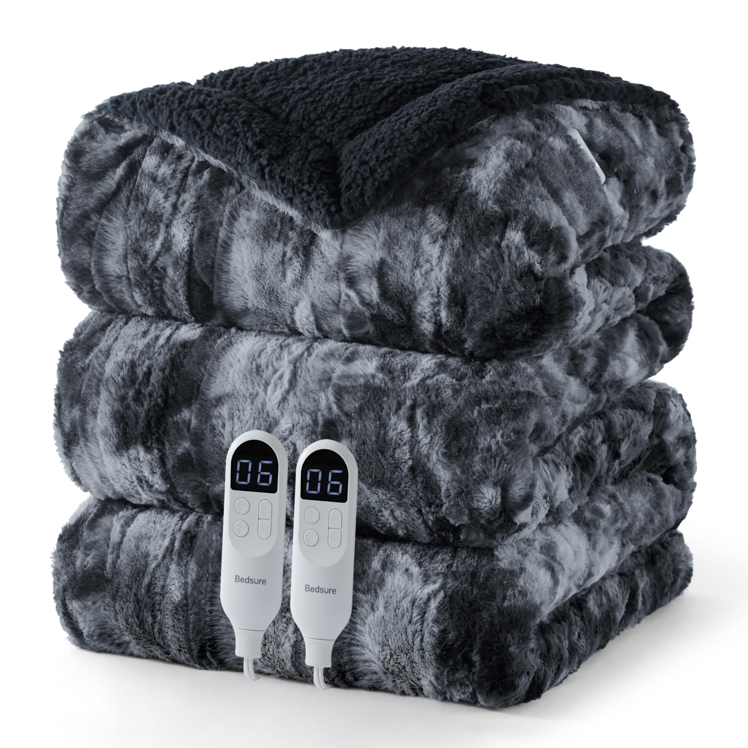 Bedsure Faux Fur Tie-Dye Heated Blanket King Size with Dual Control, Black