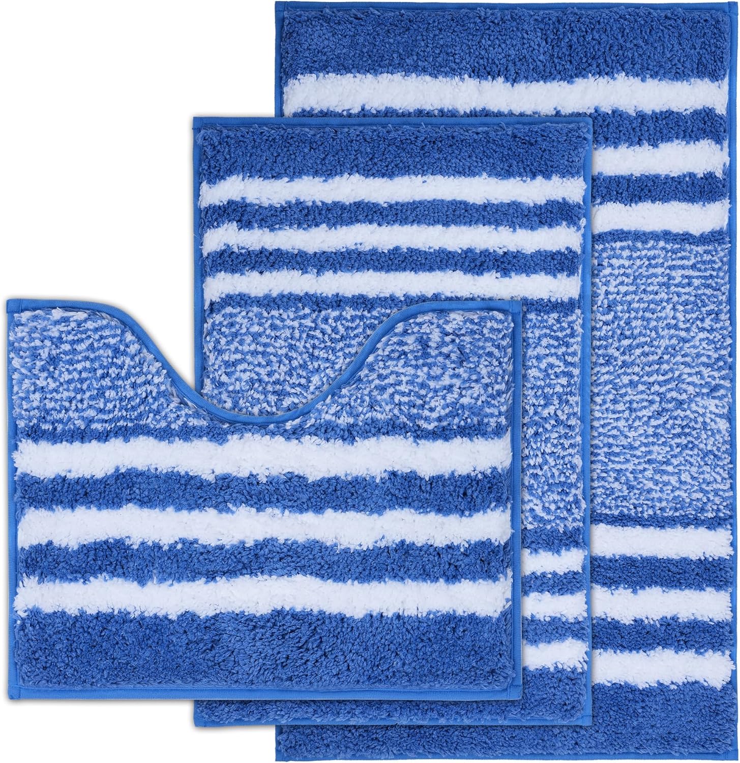 3-Piece Striped Bath Rug Set with U-Shaped Toilet Rug, Non-Slip Rubber Bottom, Soft Absorbent Microfiber, Quick Dry, Ultra Soft, Bath Mats for Tub - Sky Blue