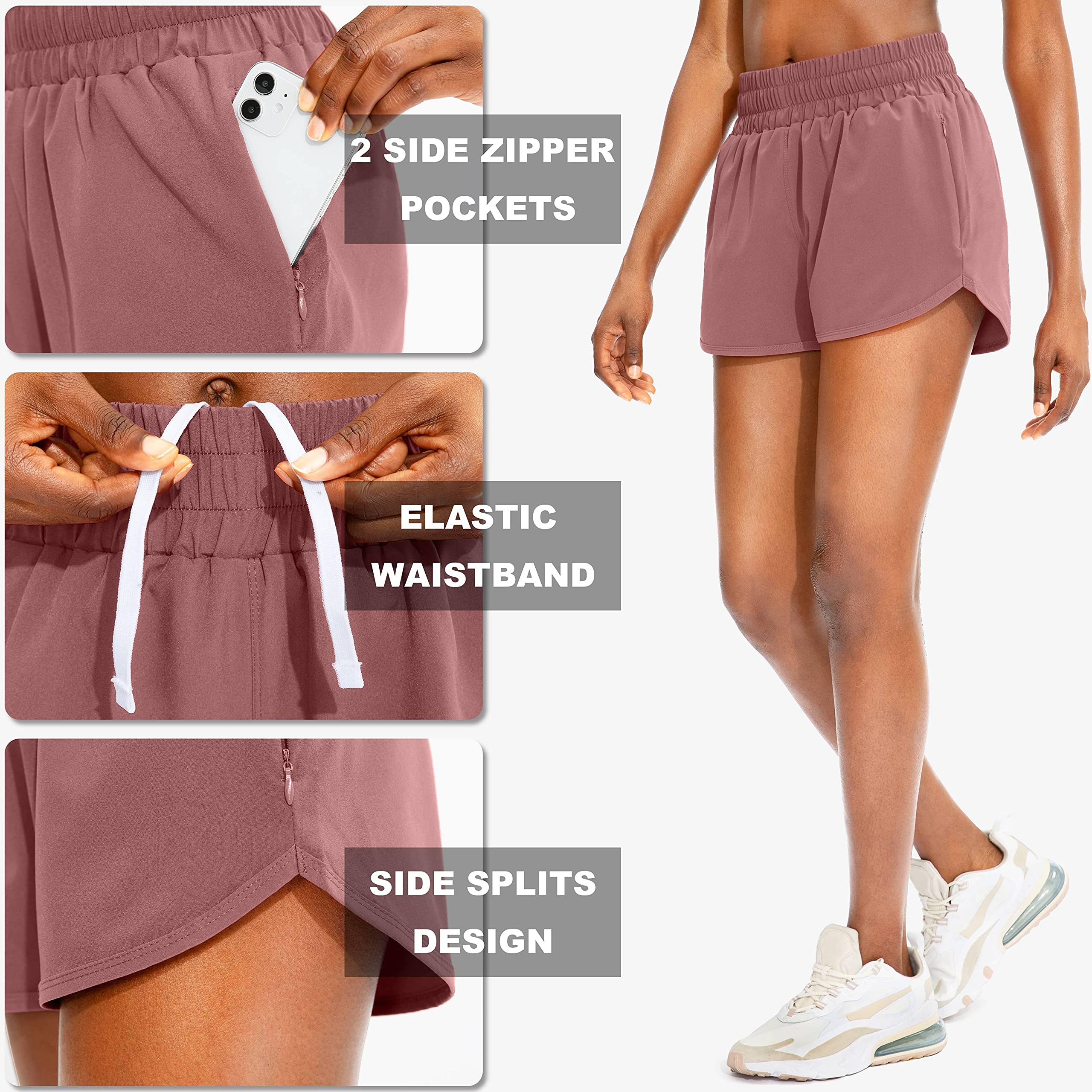 SANTINY Pantaloncini da corsa da donna con tasche con cerniera, a vita alta, atletica, allenamento, palestra, pantaloncini da donna con fodera