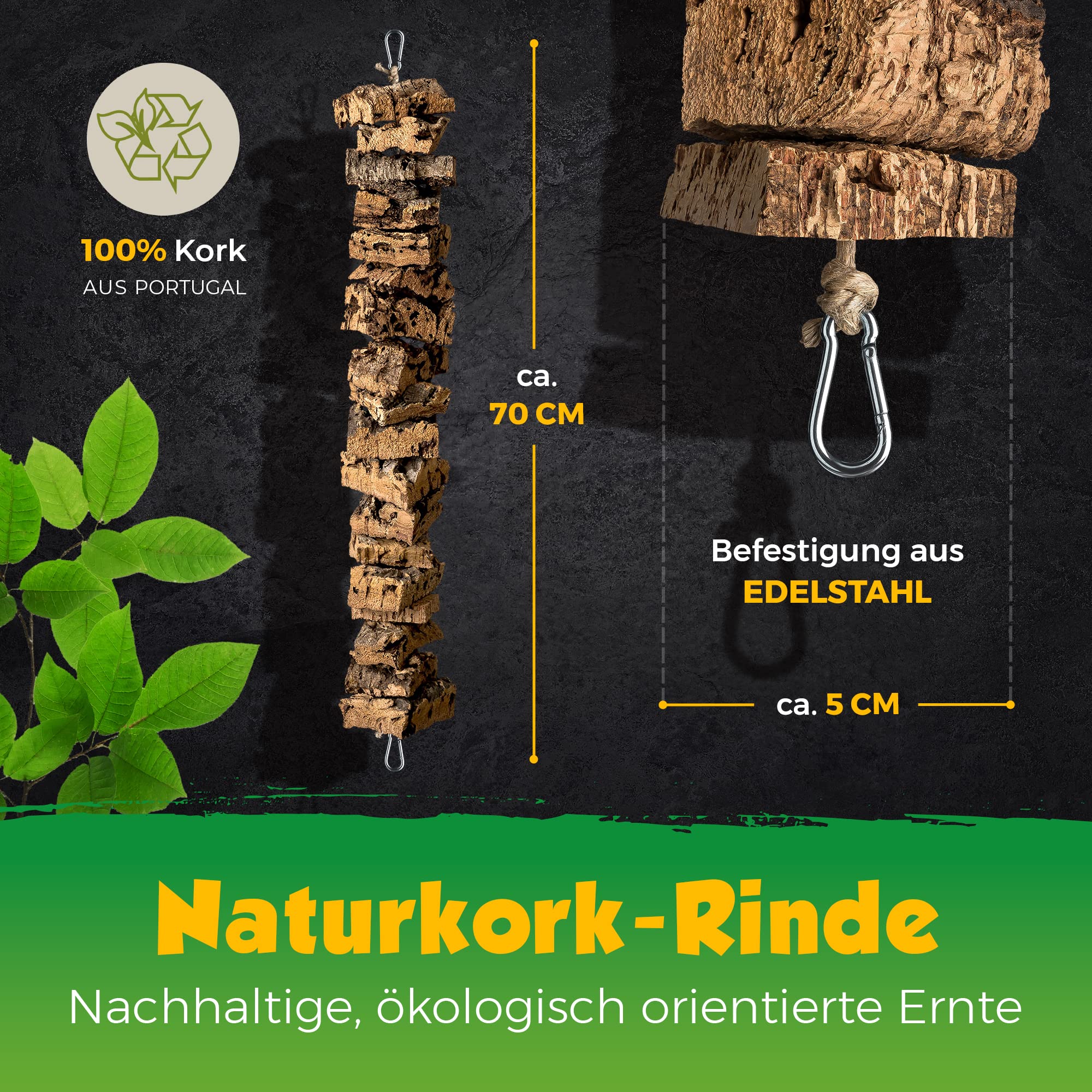 Balançoire à grignoter en écorce de liège | 70 cm | Jouet pour oiseaux | Matériau naturel liège