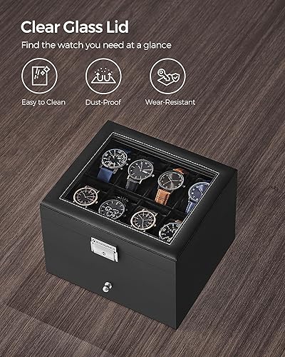 Miniatura 5 de SONGMICS Caja de reloj de 16 ranuras, caja de reloj con tapa de vidrio, 2 capas, vitrina de reloj con cerradura, cuero sintético negro, forro negro