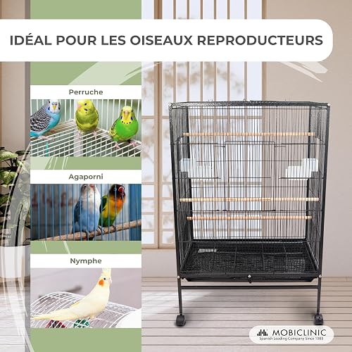 Mobiclinic® Pets, Bird Cage, NINFA, Transport Wheels, Brakes, Top Opening, Removable Tray, 8 Doors, Large Size, 95 x 43 x 61.5 cm, Feeders, Drinks, Rest Hangers - 8