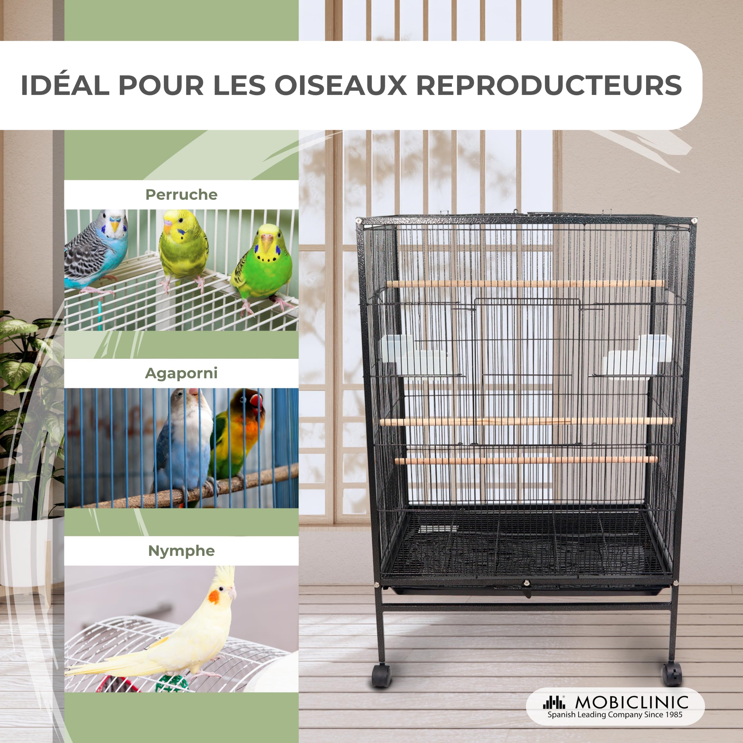 Mobiclinic Cage à Oiseaux XL 95x43x61.5 cm Roues de Transport Freins Ouverture Supérieure Plateau Amovible 8 Portes