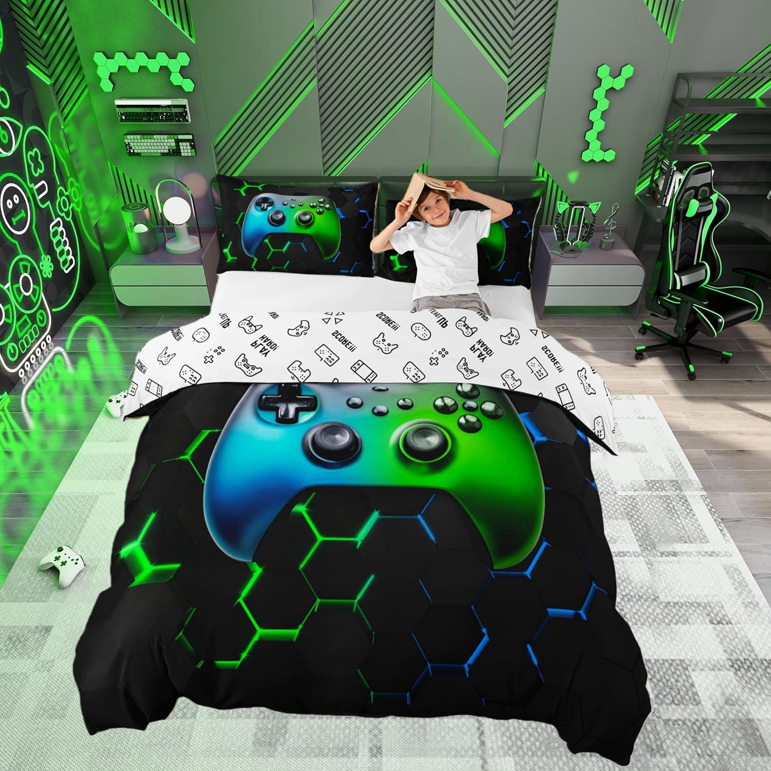 Boys Gamer Soft Reversible Duvet Cover,Kids Gaming Gamepad Bedding Set,Black Modern Geometric Hexagon Quilt Cover Gamer Video Game Controller,Decorative Game Room,Full Size(No Comforter Included)
