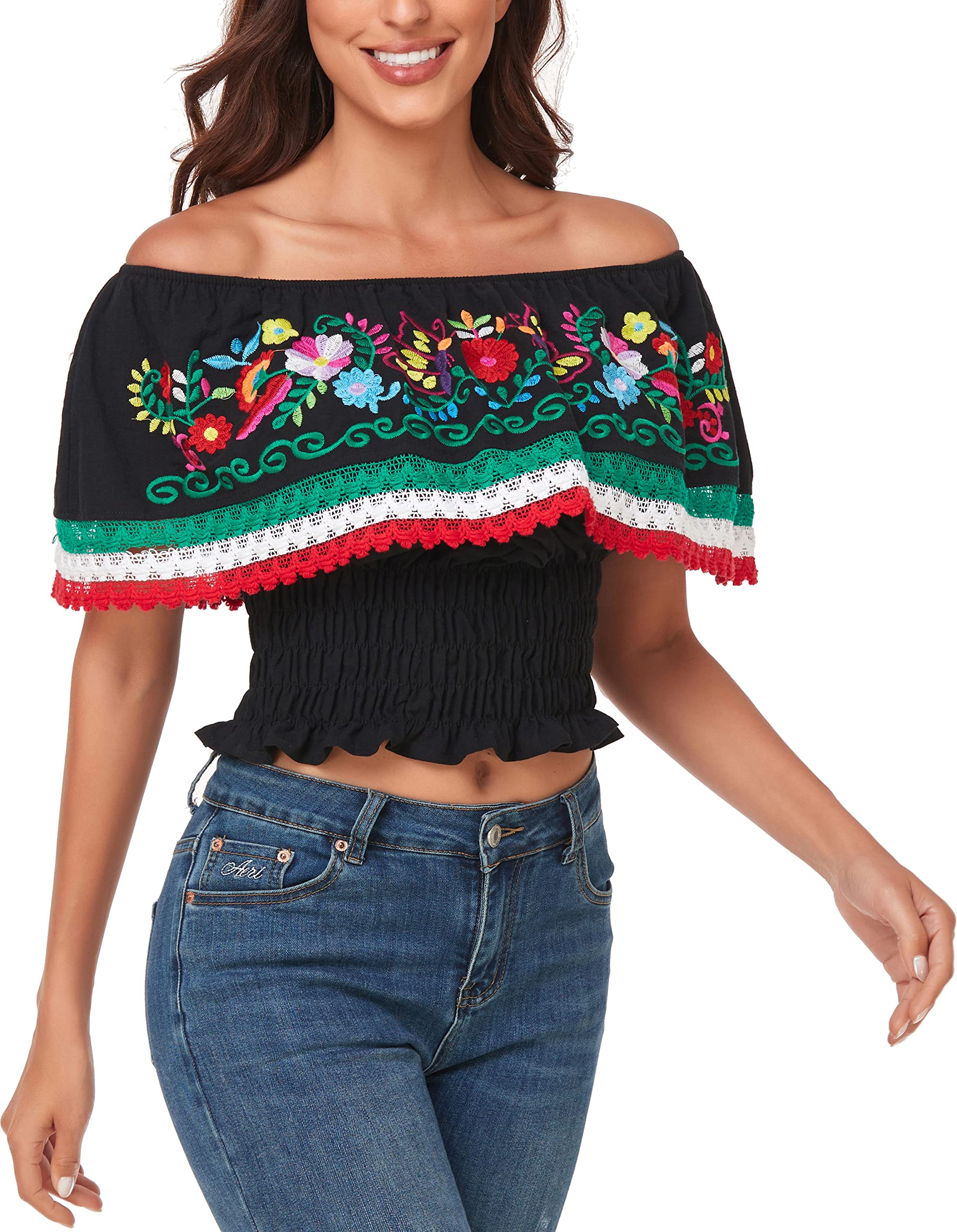 YZXDORWJ Mexikanisches Damen-Shirt, bestickt, schulterfrei, Spitze, Falbala-Top