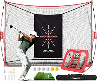 ZEALFEEL 10x7ft Golf Hitting Net with Chipping Net, Foldable Mat, 3 Targets, Tees, Balls & Carry Bag - Backyard Indoor Outdoor Practice