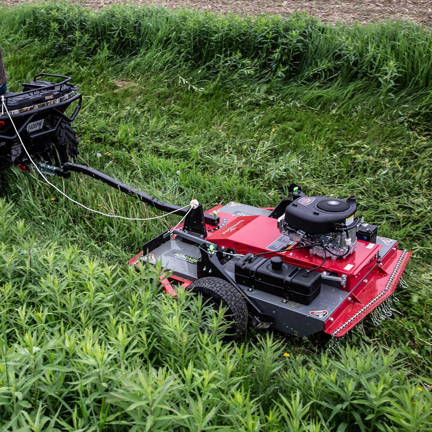 Earthquake Acreage Tow-Behind Mower, 44” Steel Deck, 17.5HP Briggs & Stratton, Electric Start w/Battery, Manual Blade Lever, Adjustable Tow & Height, 2” Ball, Model 42795