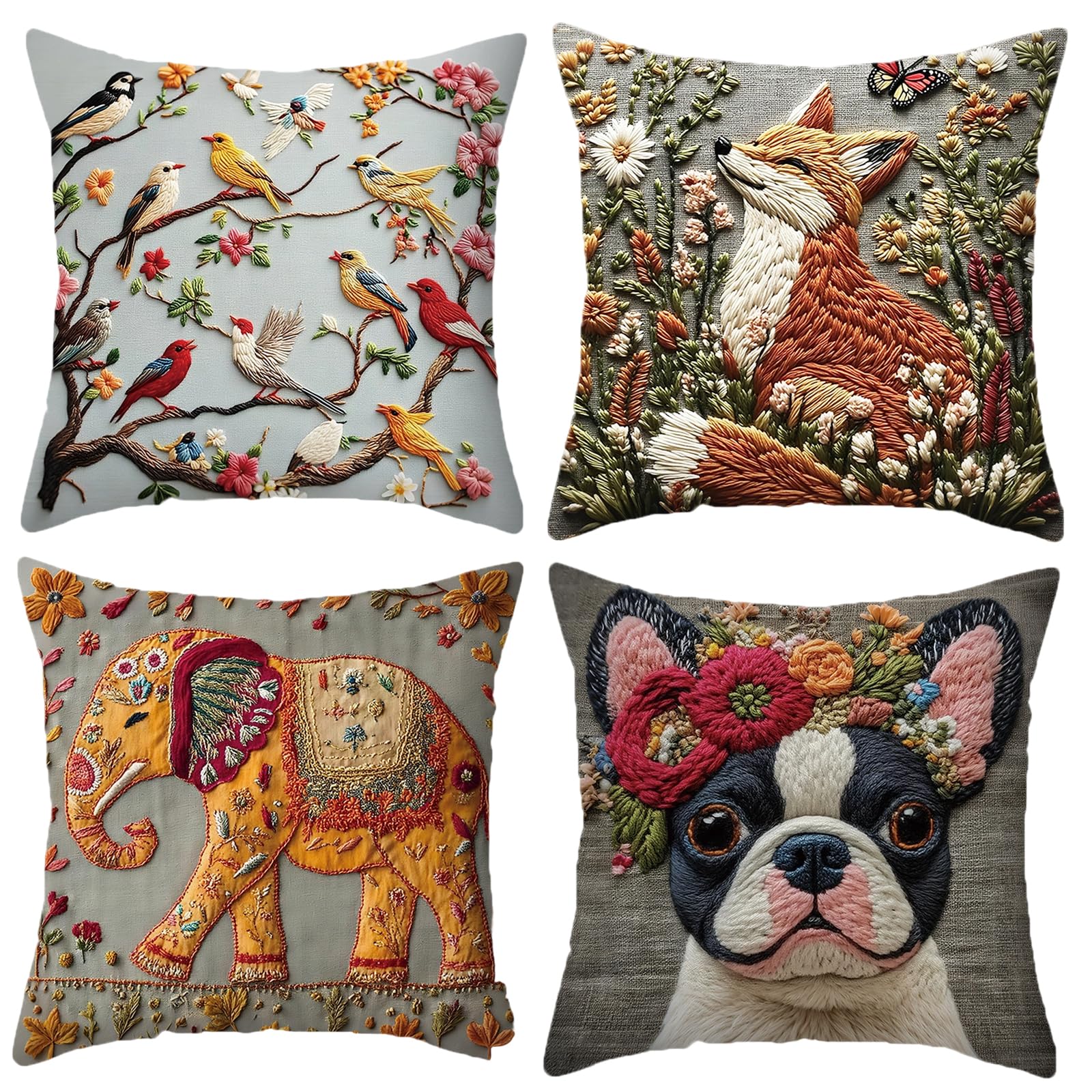 Housse de coussin canapé lin 45x45 salon lot de 4 taies oiseaux fleurs